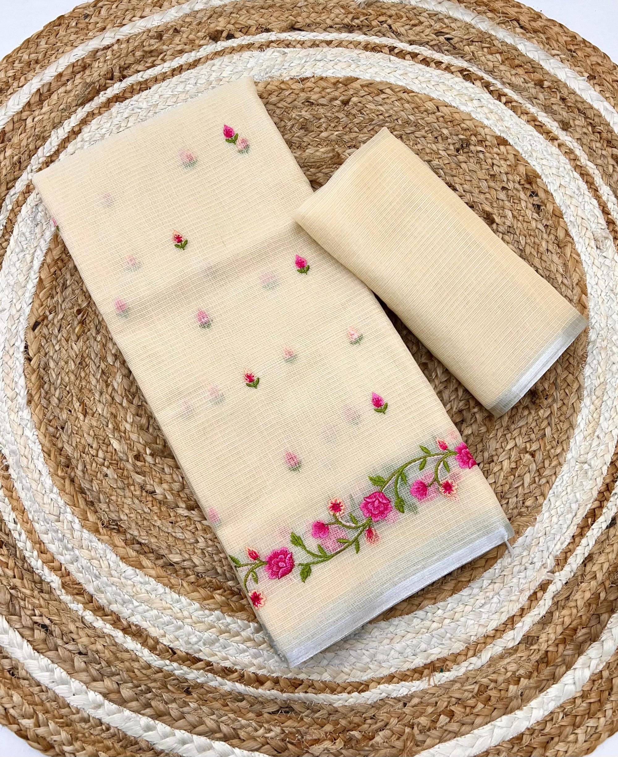 Cream Pure Kota Doriya Saree with Floral Embroidery & Handmade Tassels