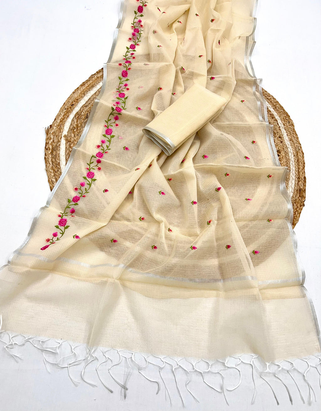 Cream Pure Kota Doriya Saree with Floral Embroidery & Handmade Tassels