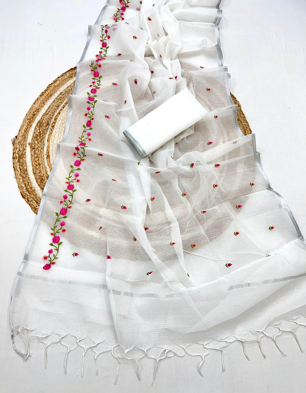 White Pure Kota Doriya Saree with Floral Embroidery & Handmade Tassels