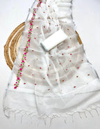 White Pure Kota Doriya Saree with Floral Embroidery & Handmade Tassels