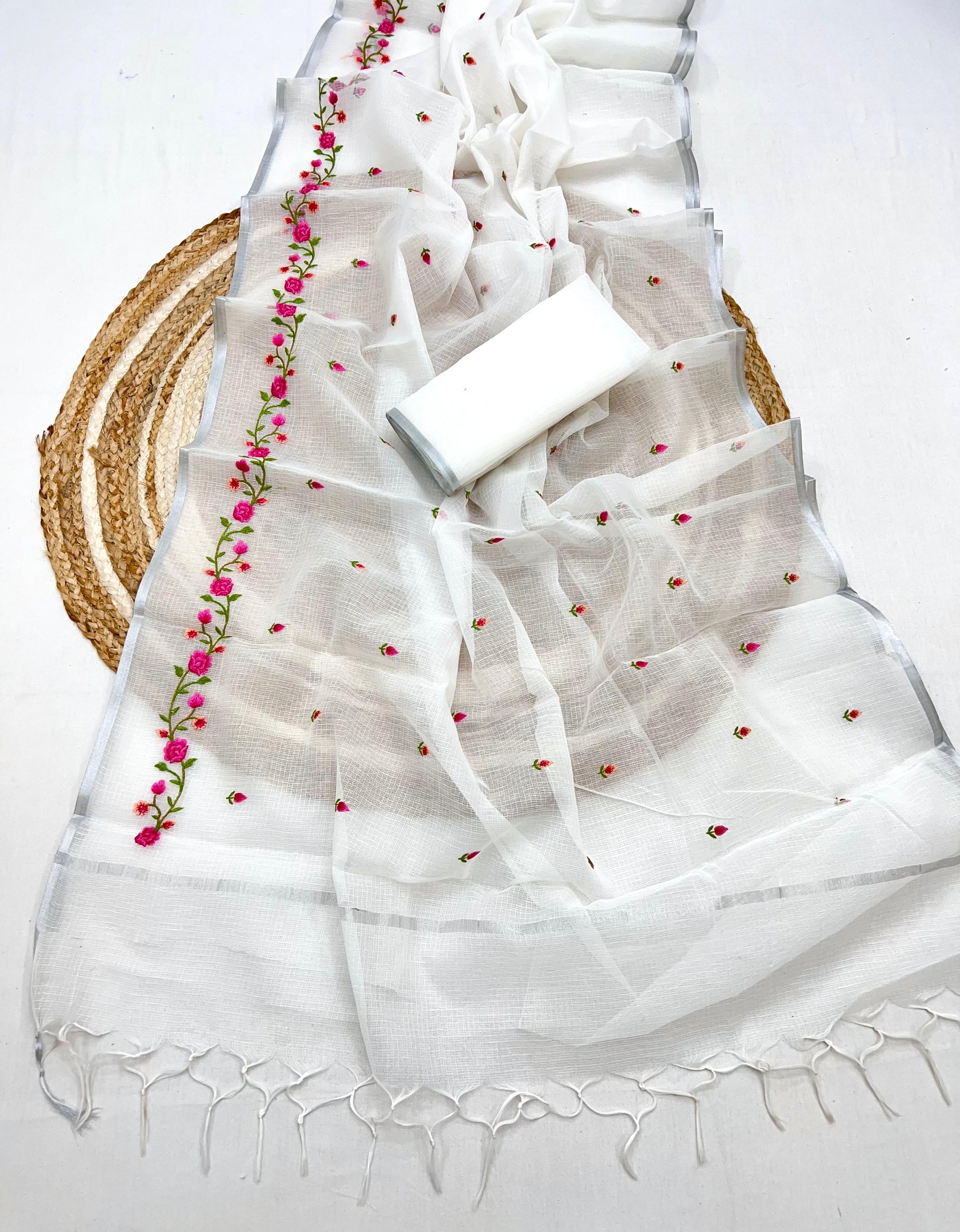 White Pure Kota Doriya Saree with Floral Embroidery & Handmade Tassels