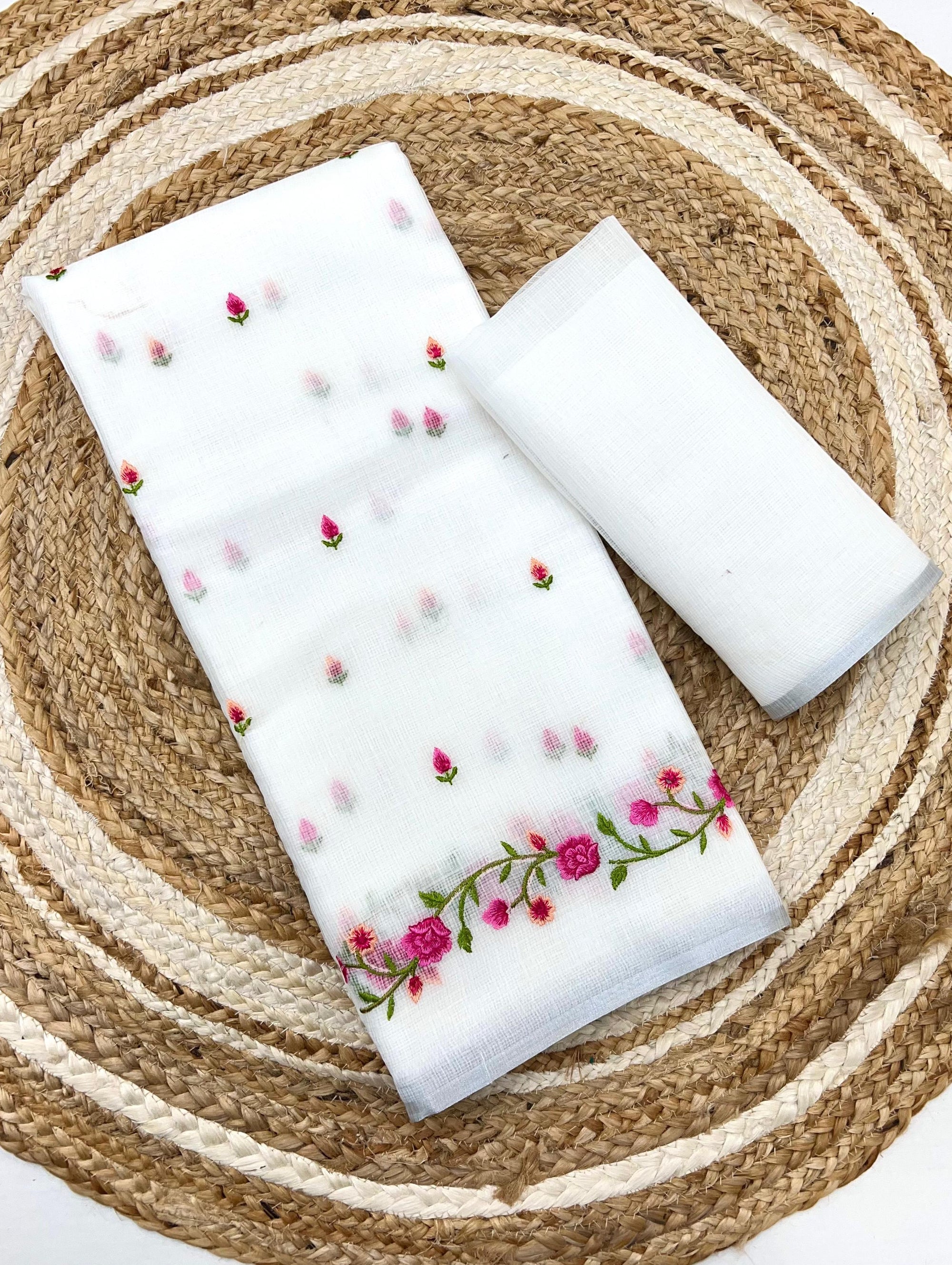 White Pure Kota Doriya Saree with Floral Embroidery & Handmade Tassels