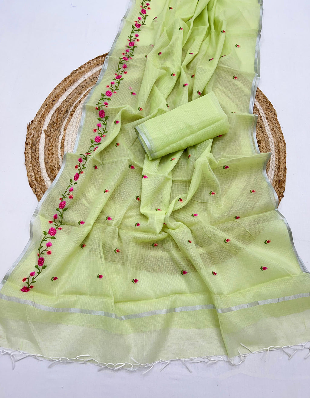 Green Pure Kota Doriya Saree with Floral Embroidery & Handmade Tassels