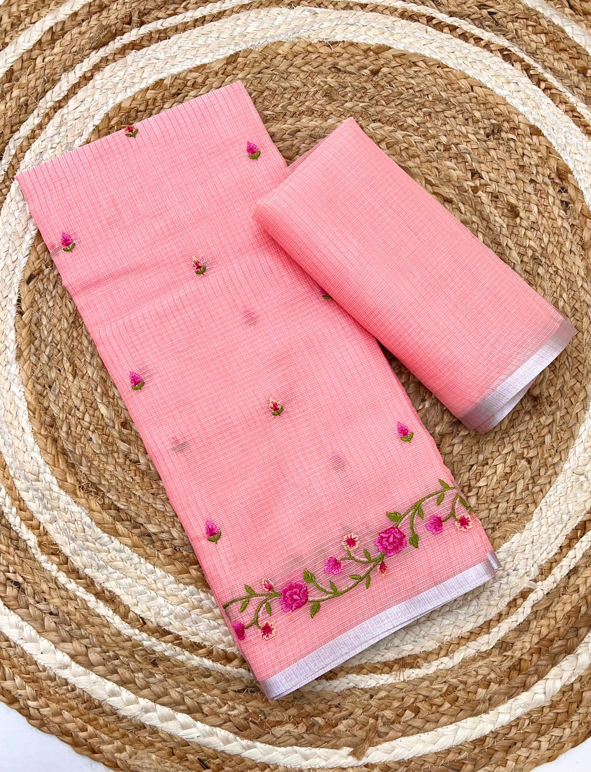 Peach Pure Kota Doriya Saree with Floral Embroidery & Handmade Tassels