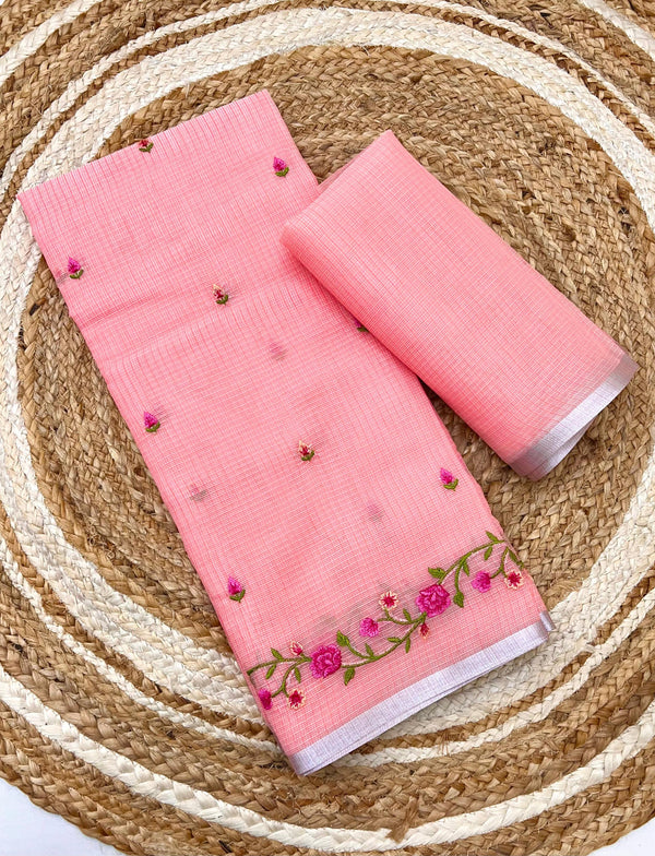 Peach Pure Kota Doriya Saree with Floral Embroidery & Handmade Tassels