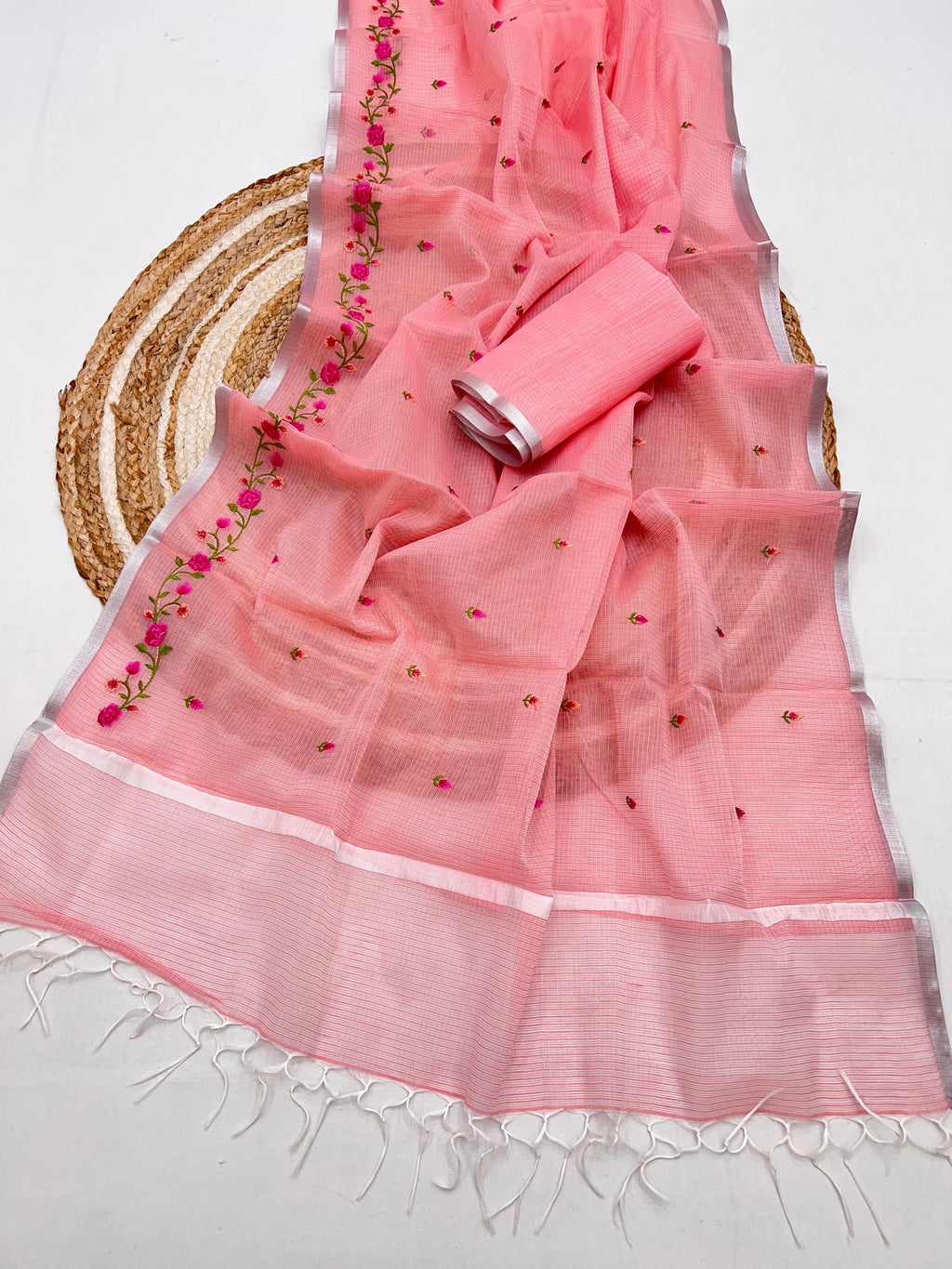 Peach Pure Kota Doriya Saree with Floral Embroidery & Handmade Tassels