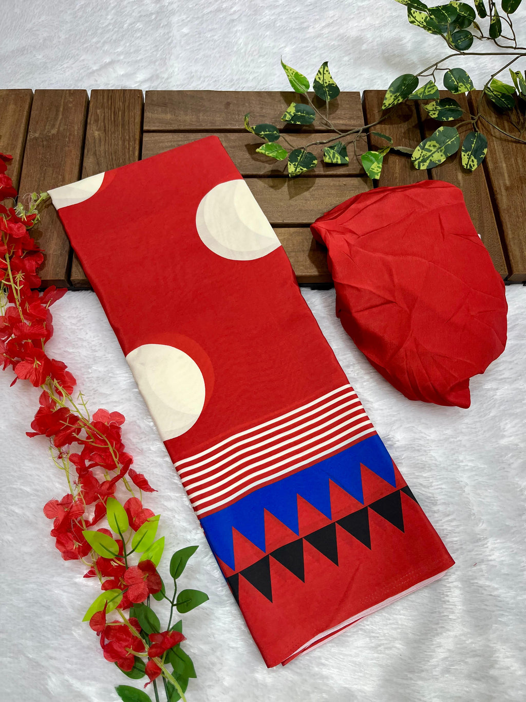 Red Crape Silk Saree with Polka Print Body & Ajrakh Pallu