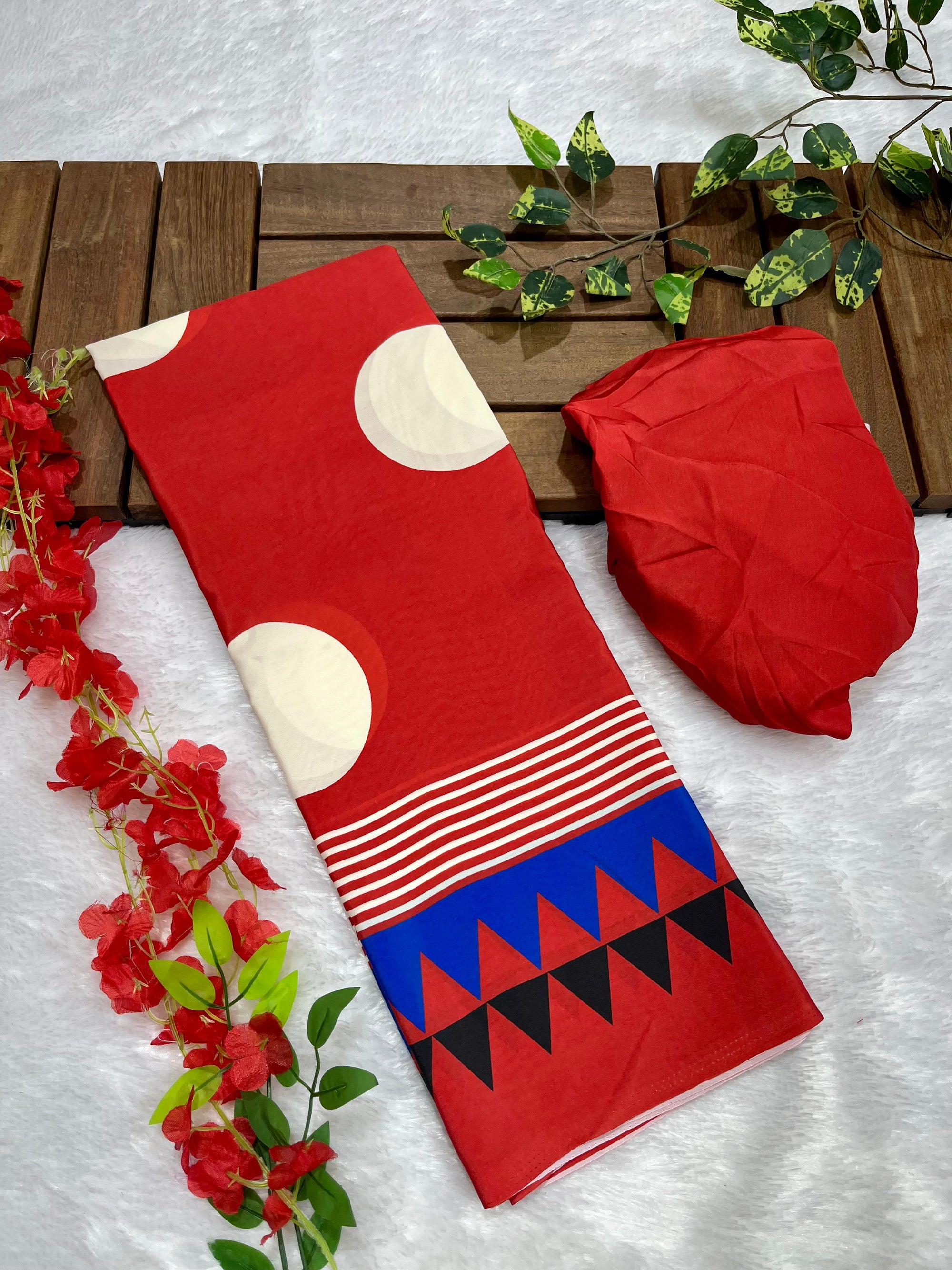 Red Crape Silk Saree with Polka Print Body & Ajrakh Pallu