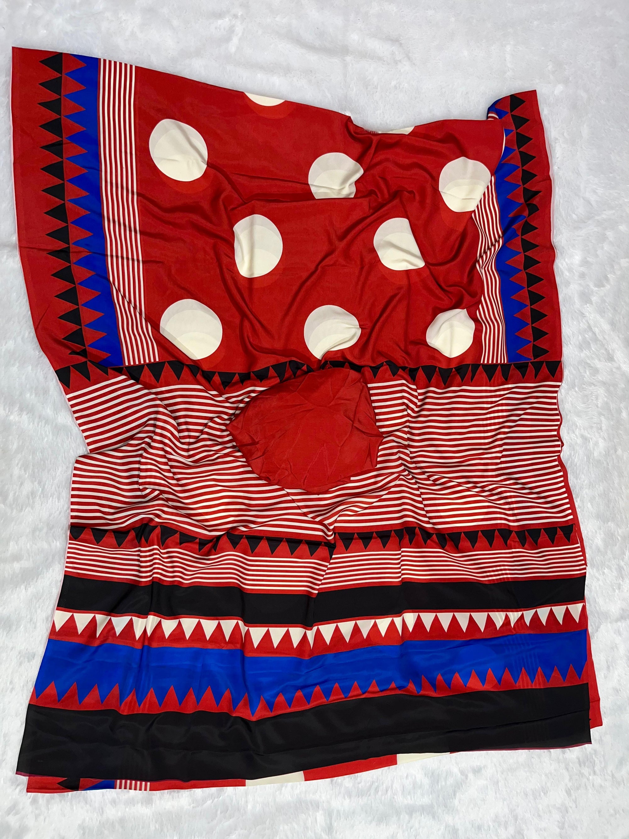 Red Crape Silk Saree with Polka Print Body & Ajrakh Pallu