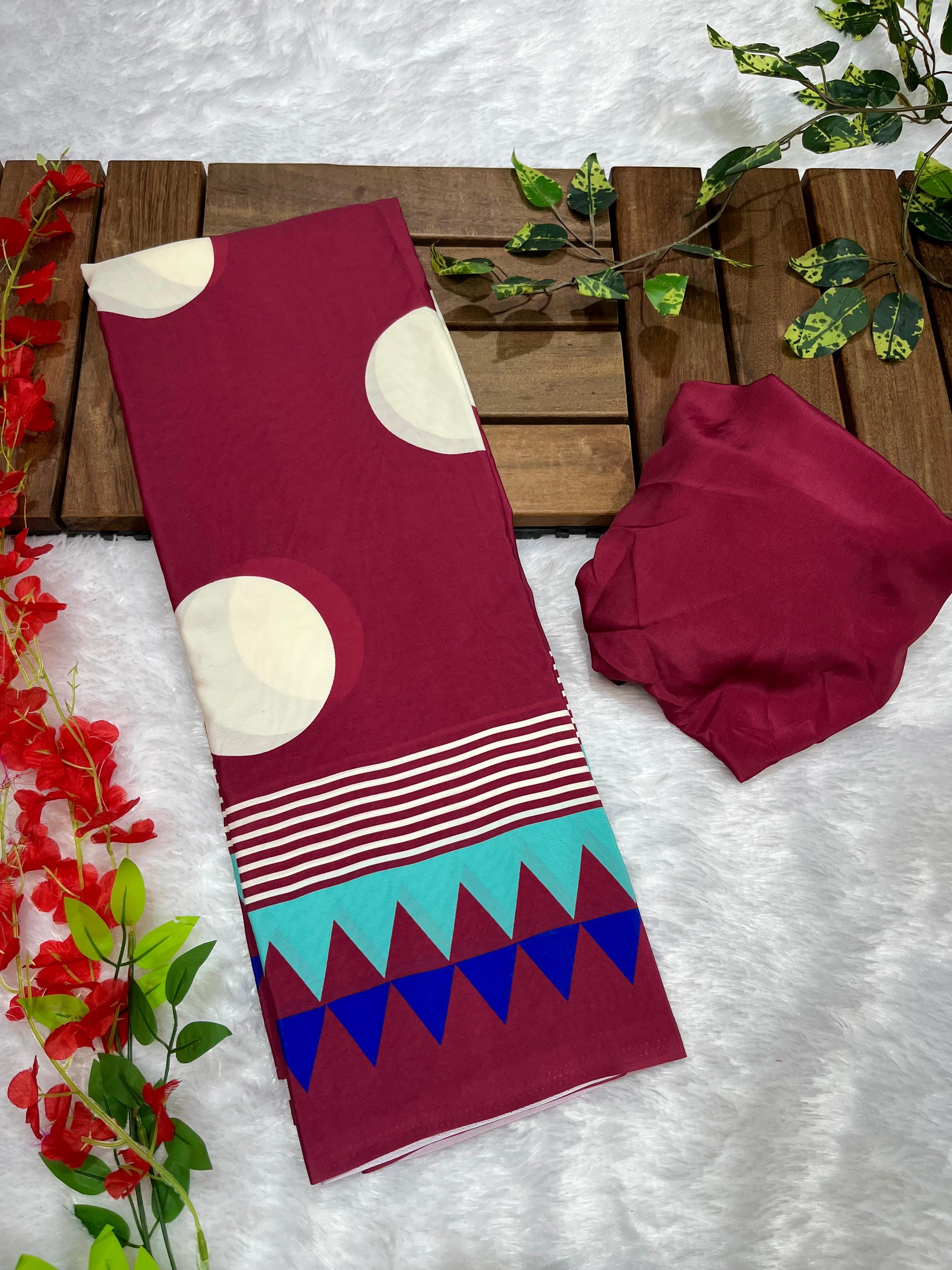 Wine Crape Silk Saree with Polka Print Body & Ajrakh Pallu