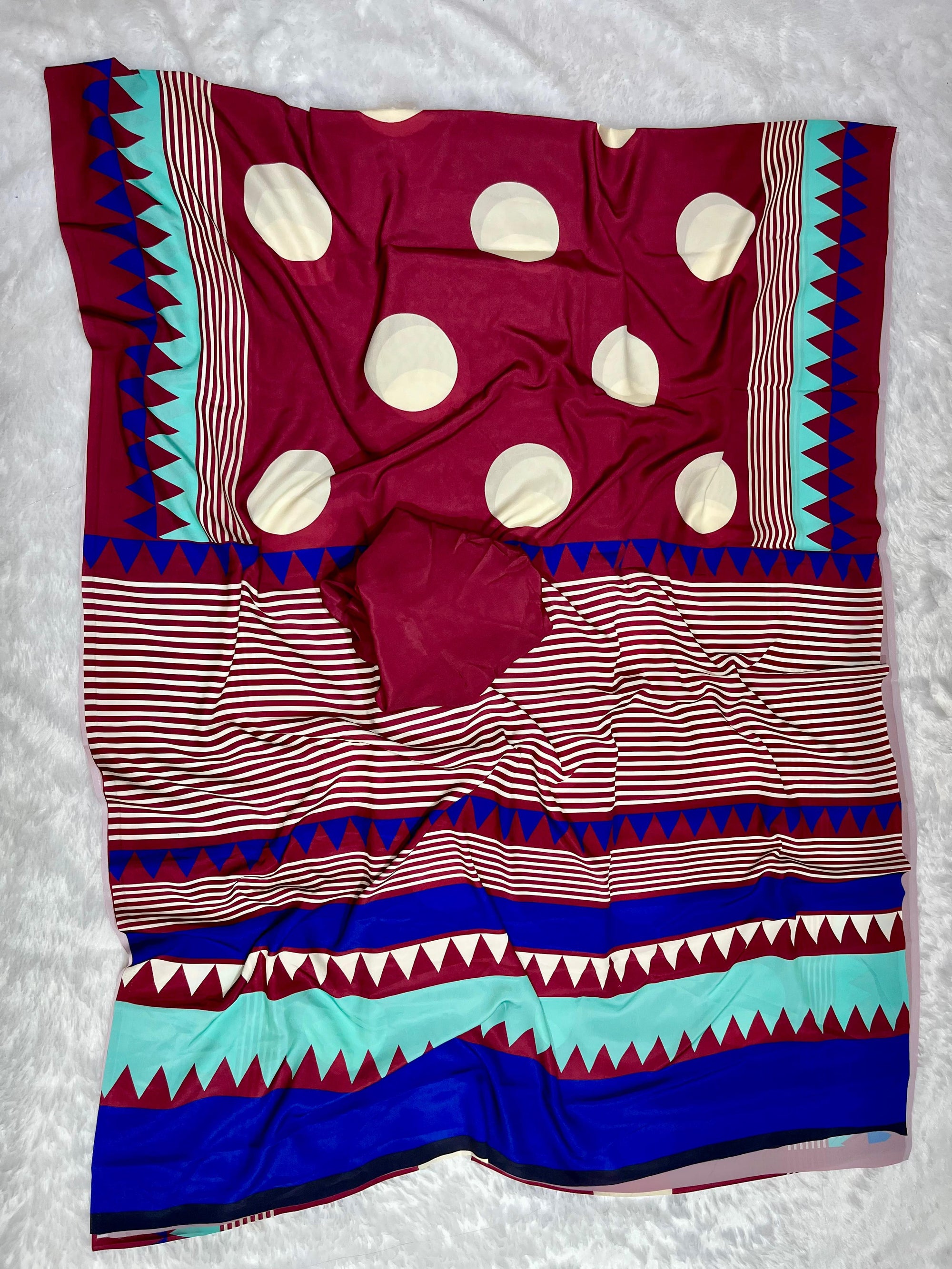 Wine Crape Silk Saree with Polka Print Body & Ajrakh Pallu