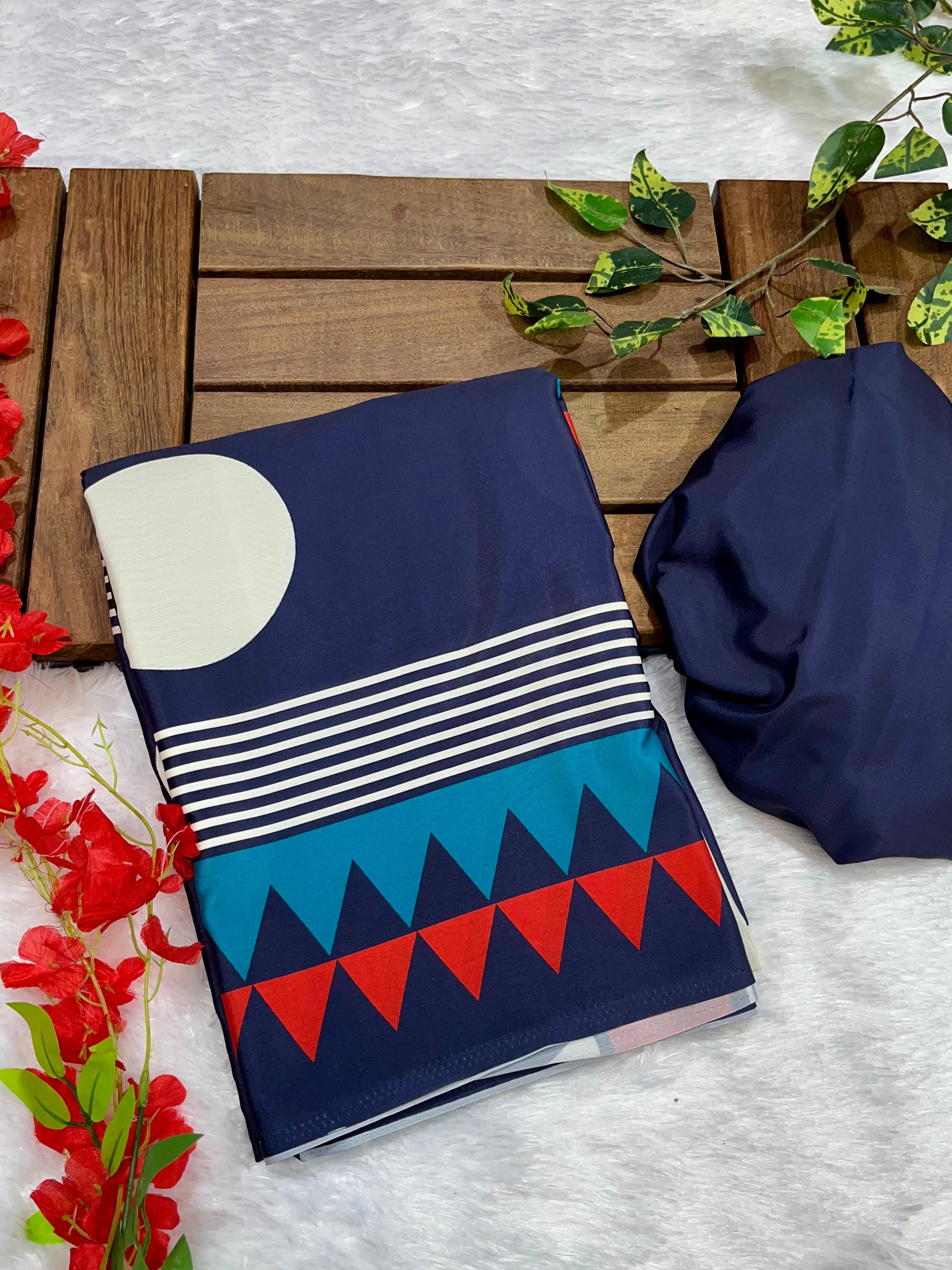 Navy Blue Crape Silk Saree with Polka Print Body & Ajrakh Pallu