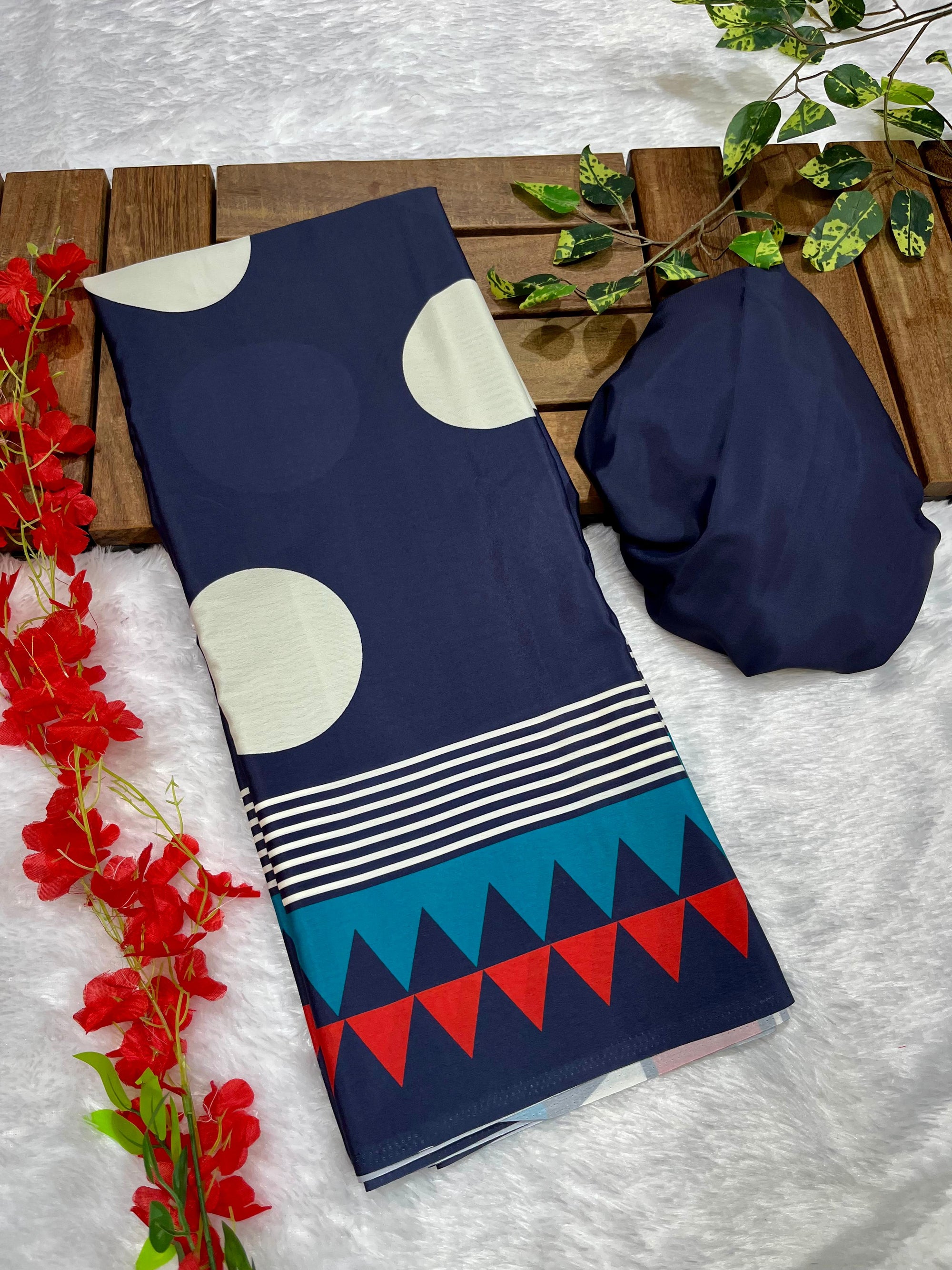 Navy Blue Crape Silk Saree with Polka Print Body & Ajrakh Pallu