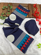 Navy Blue Crape Silk Saree with Polka Print Body & Ajrakh Pallu