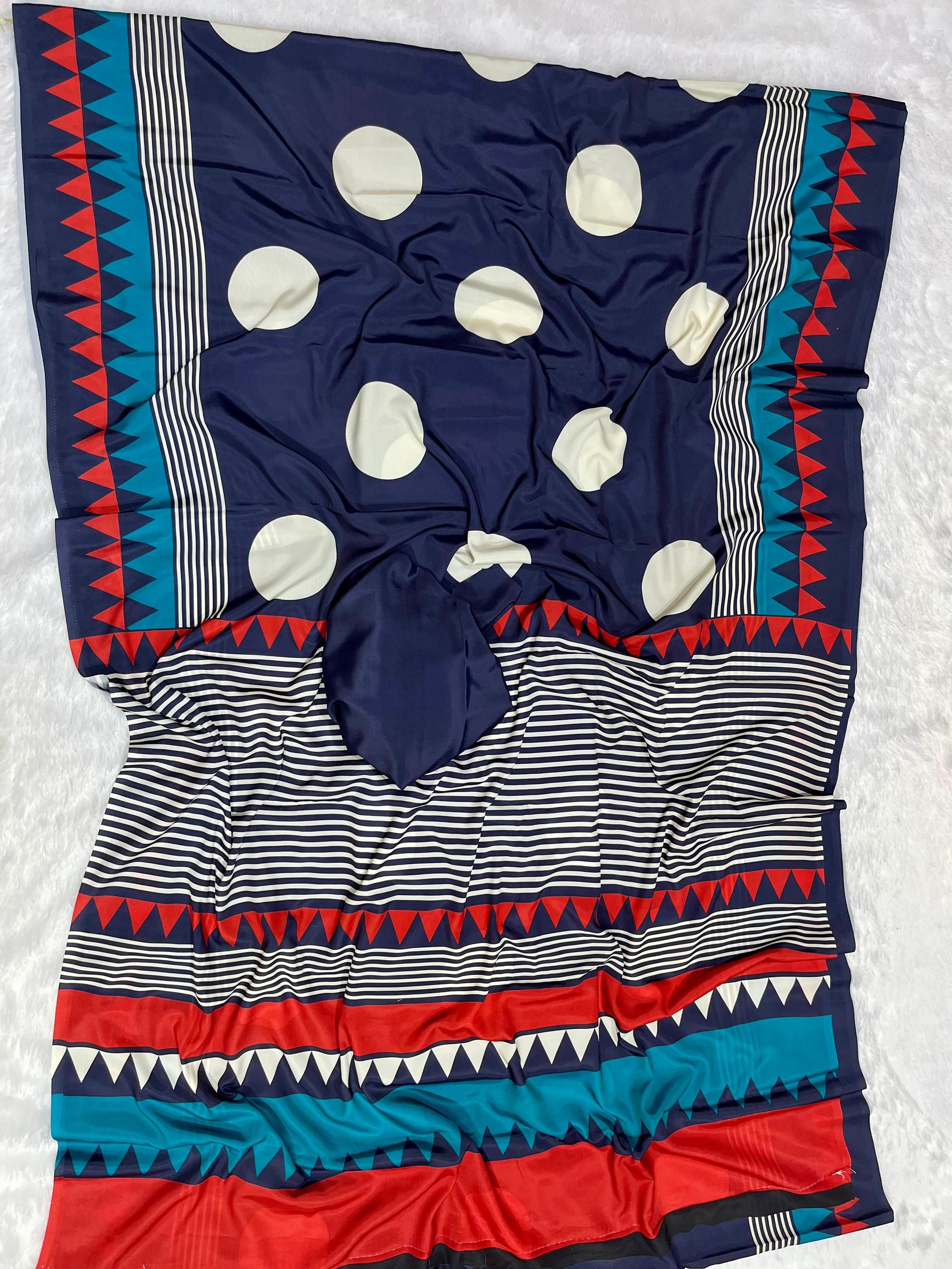 Navy Blue Crape Silk Saree with Polka Print Body & Ajrakh Pallu