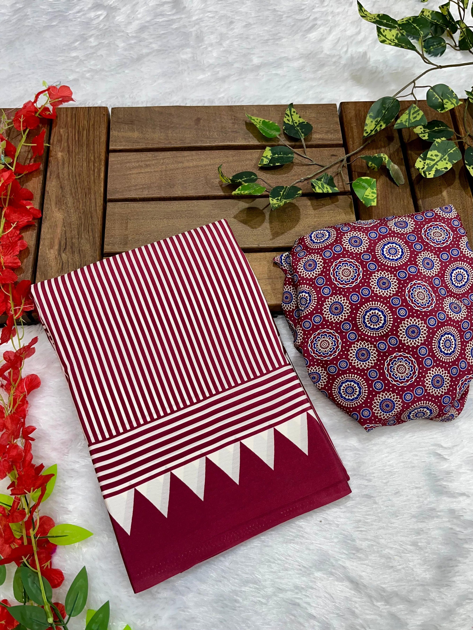 Wine Crape Silk Saree with Ajrakh Printed Body & Heavy Ajrakh Blouse