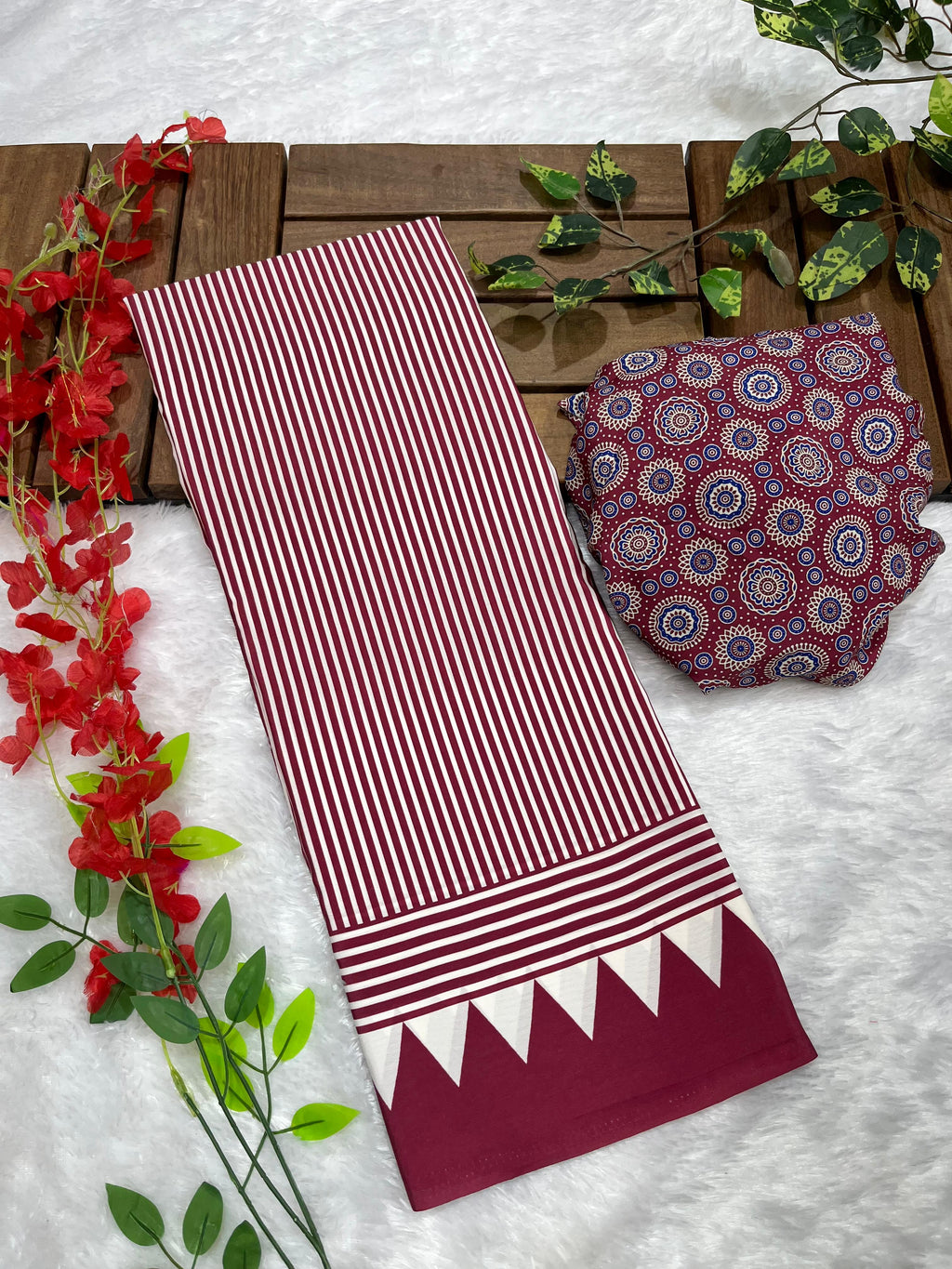 Wine Crape Silk Saree with Ajrakh Printed Body & Heavy Ajrakh Blouse