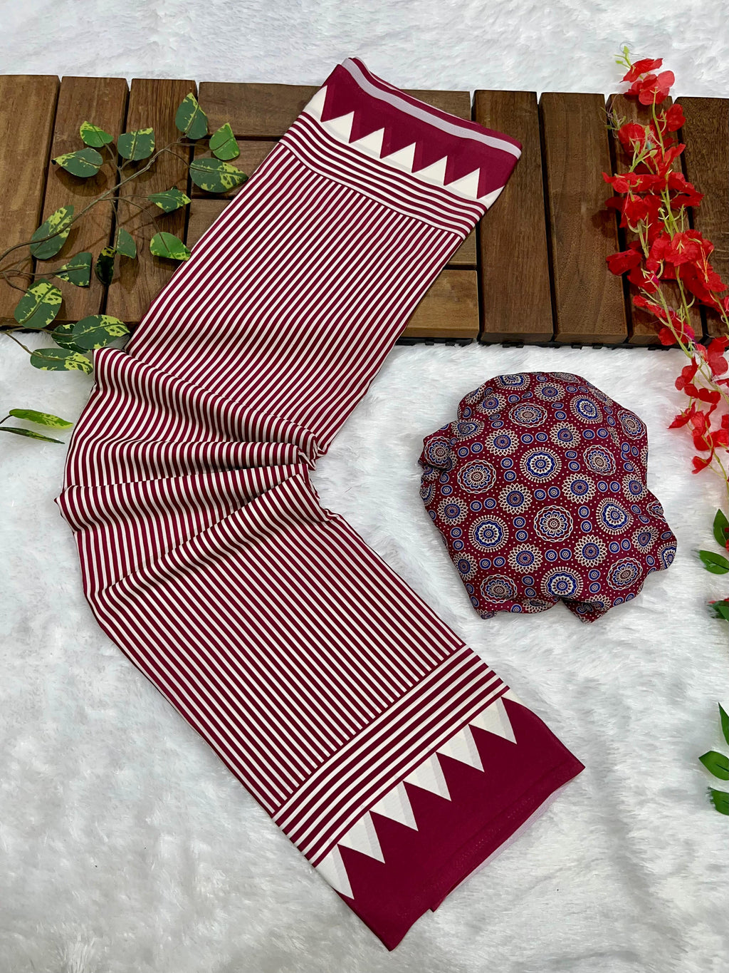 Wine Crape Silk Saree with Ajrakh Printed Body & Heavy Ajrakh Blouse