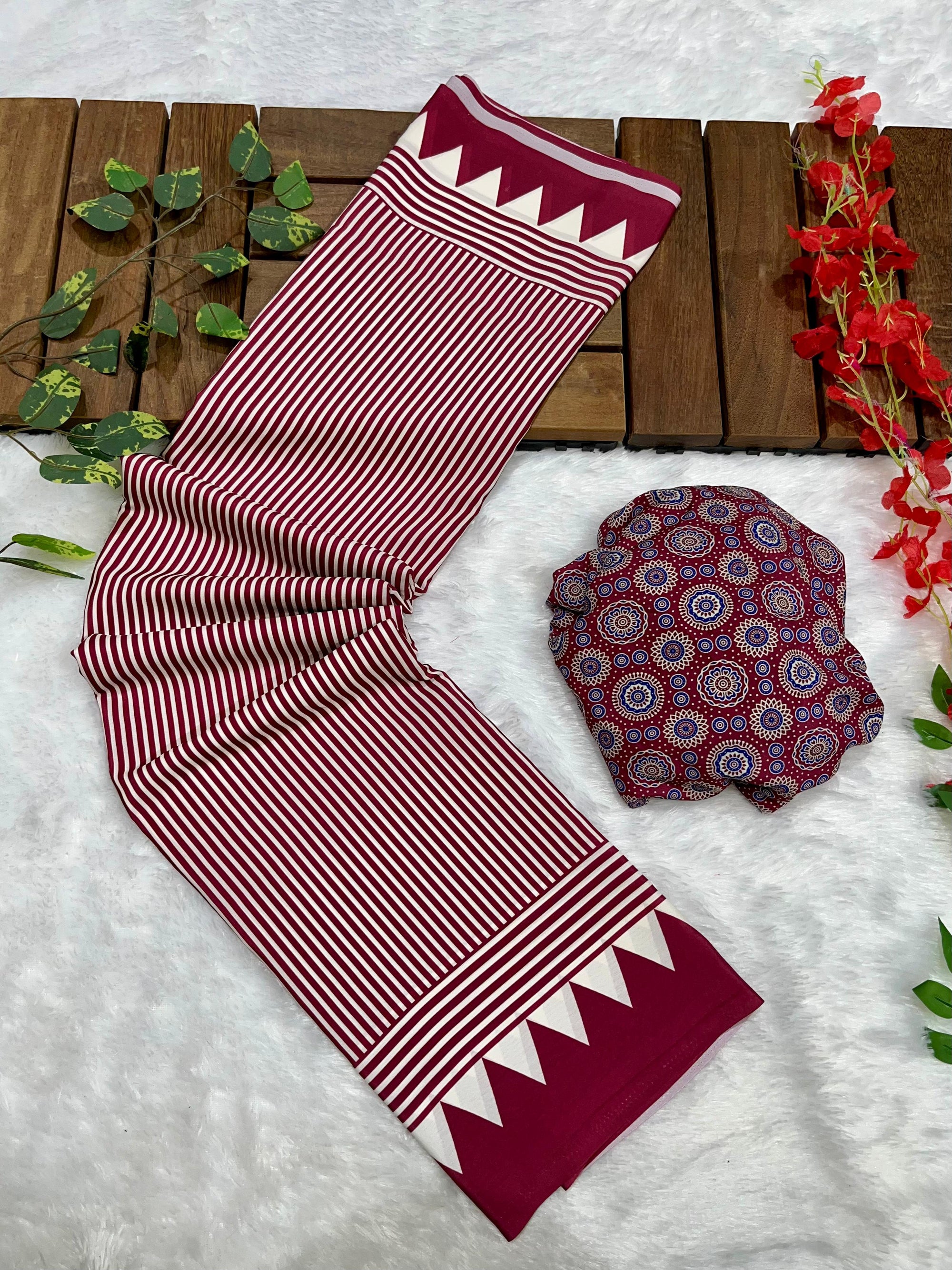 Wine Crape Silk Saree with Ajrakh Printed Body & Heavy Ajrakh Blouse