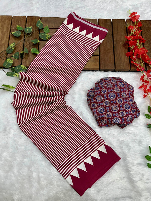 Wine Crape Silk Saree with Ajrakh Printed Body & Heavy Ajrakh Blouse