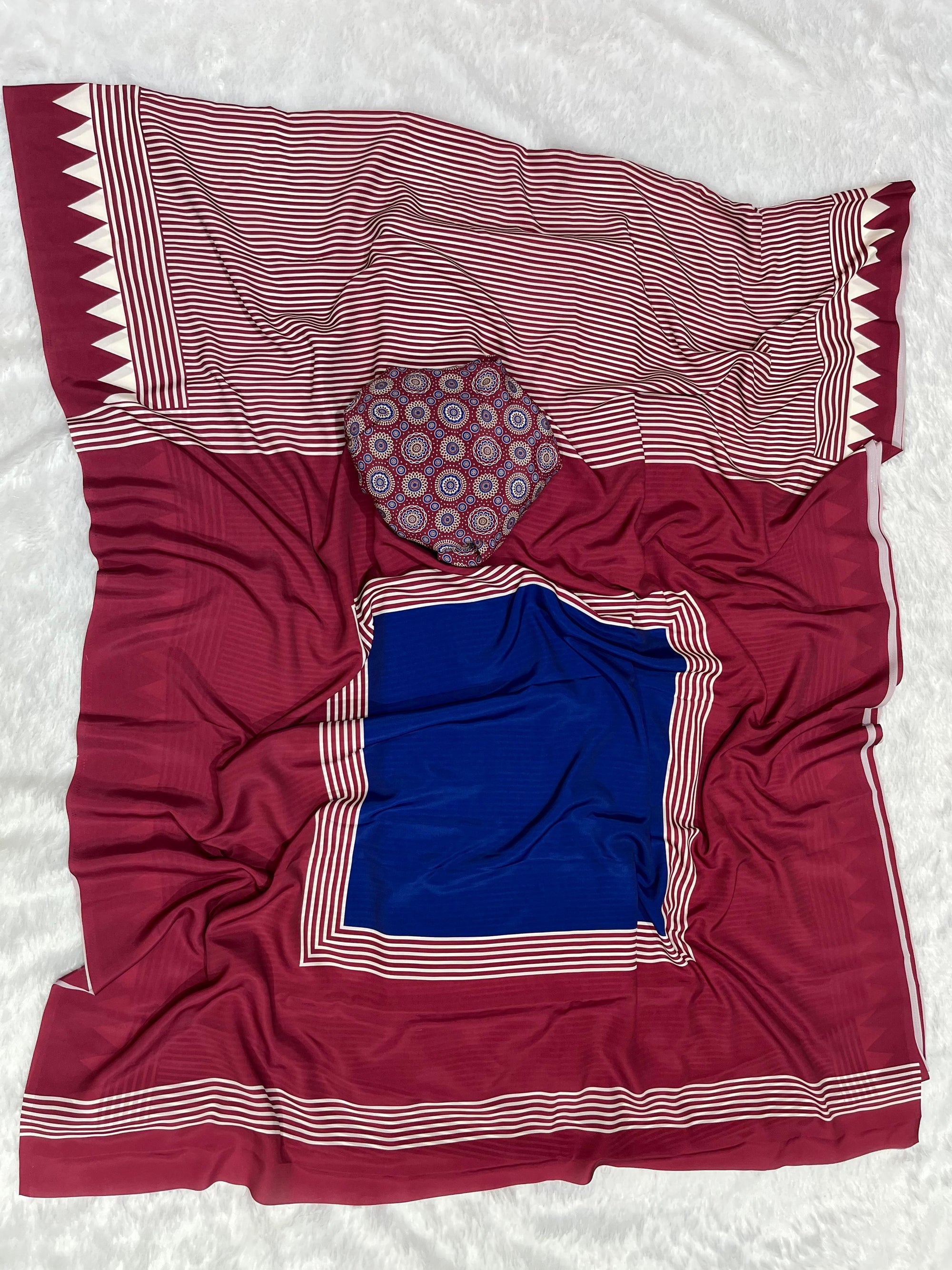 Wine Crape Silk Saree with Ajrakh Printed Body & Heavy Ajrakh Blouse