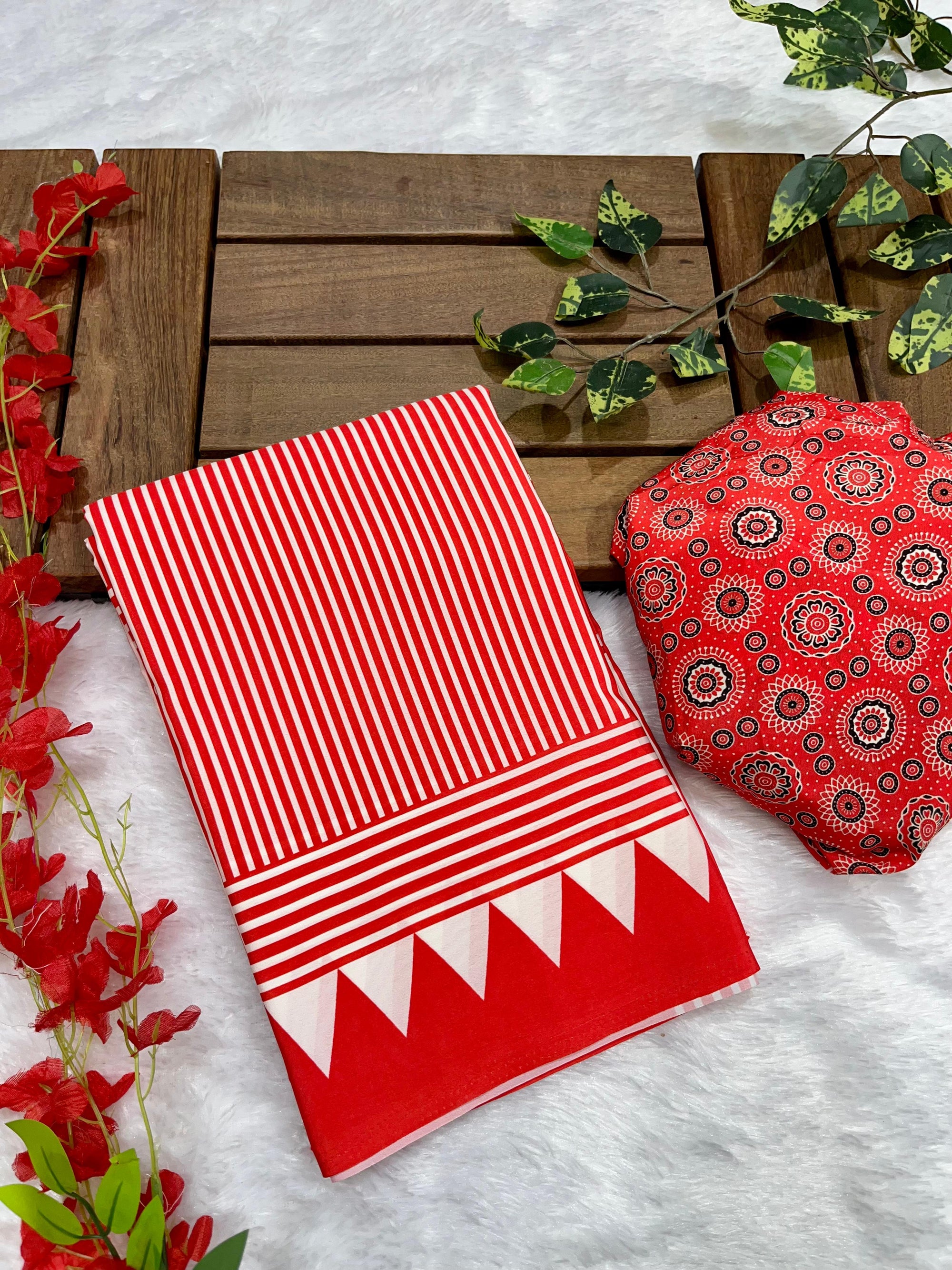 Red Crape Silk Saree with Ajrakh Printed Body & Heavy Ajrakh Blouse