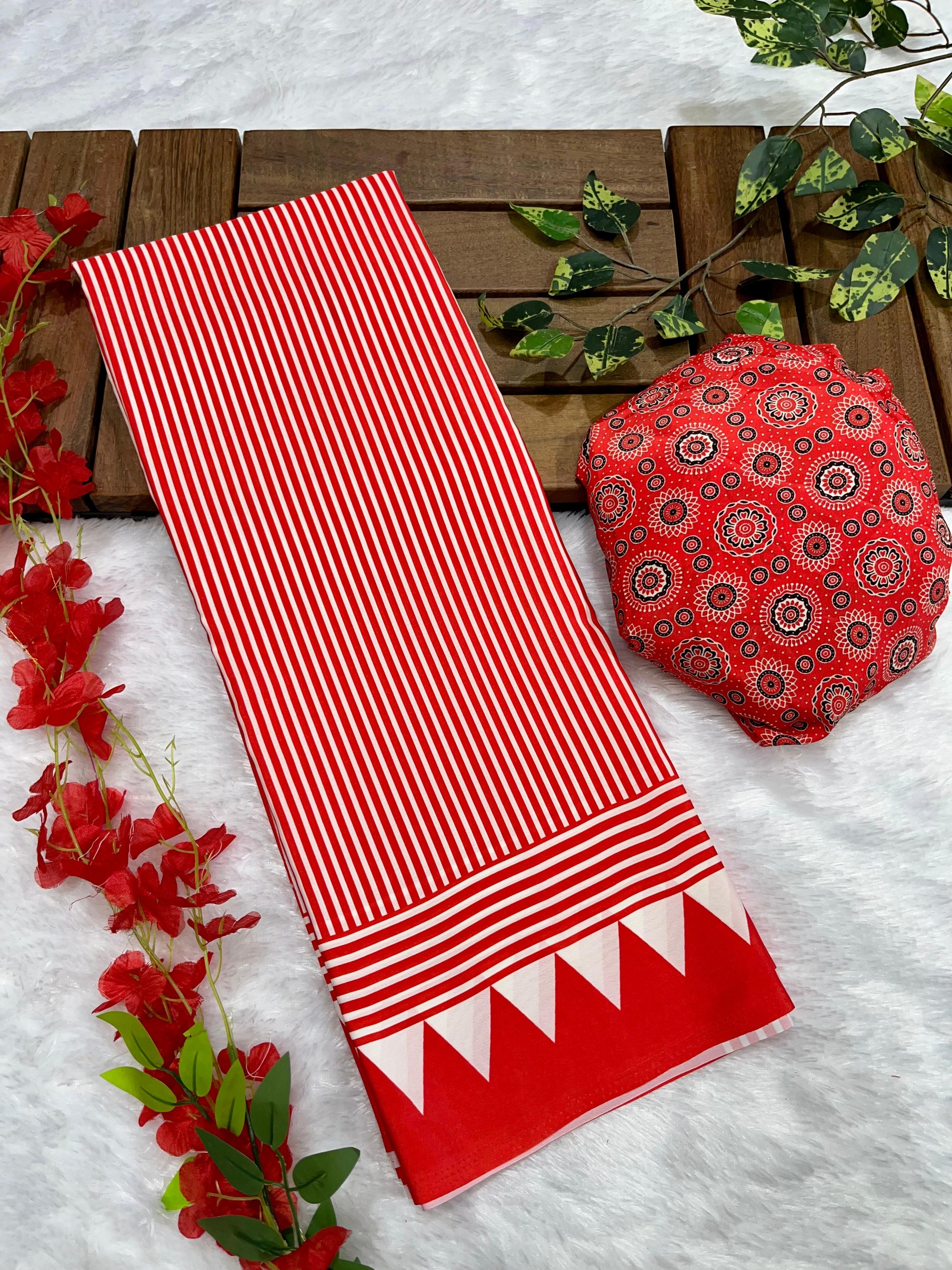 Red Crape Silk Saree with Ajrakh Printed Body & Heavy Ajrakh Blouse