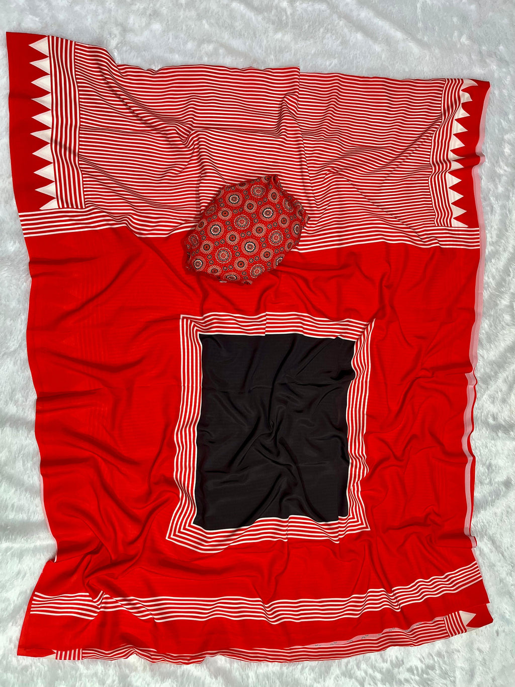 Red Crape Silk Saree with Ajrakh Printed Body & Heavy Ajrakh Blouse