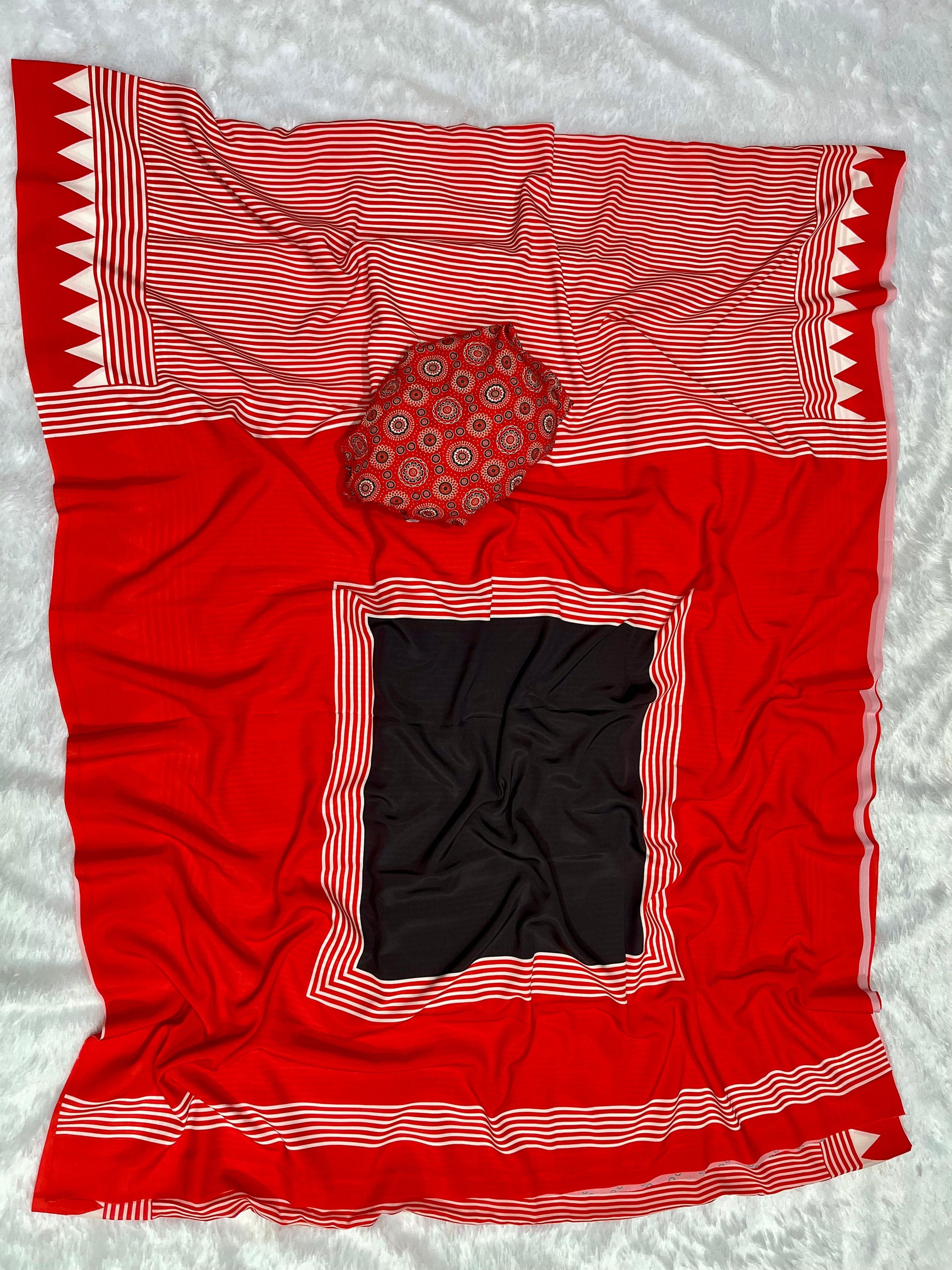 Red Crape Silk Saree with Ajrakh Printed Body & Heavy Ajrakh Blouse