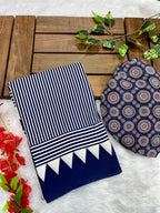 Navy Blue Crape Silk Saree with Ajrakh Printed Body & Heavy Ajrakh Blouse