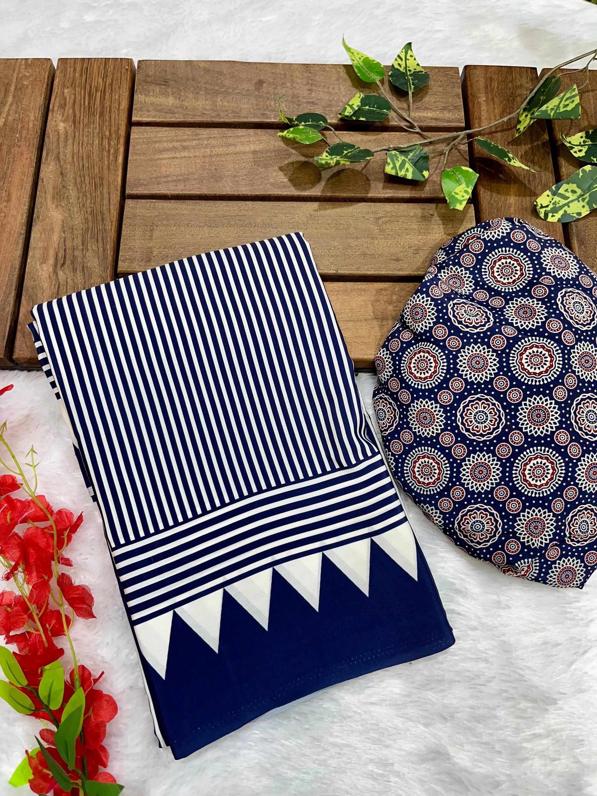 Navy Blue Crape Silk Saree with Ajrakh Printed Body & Heavy Ajrakh Blouse
