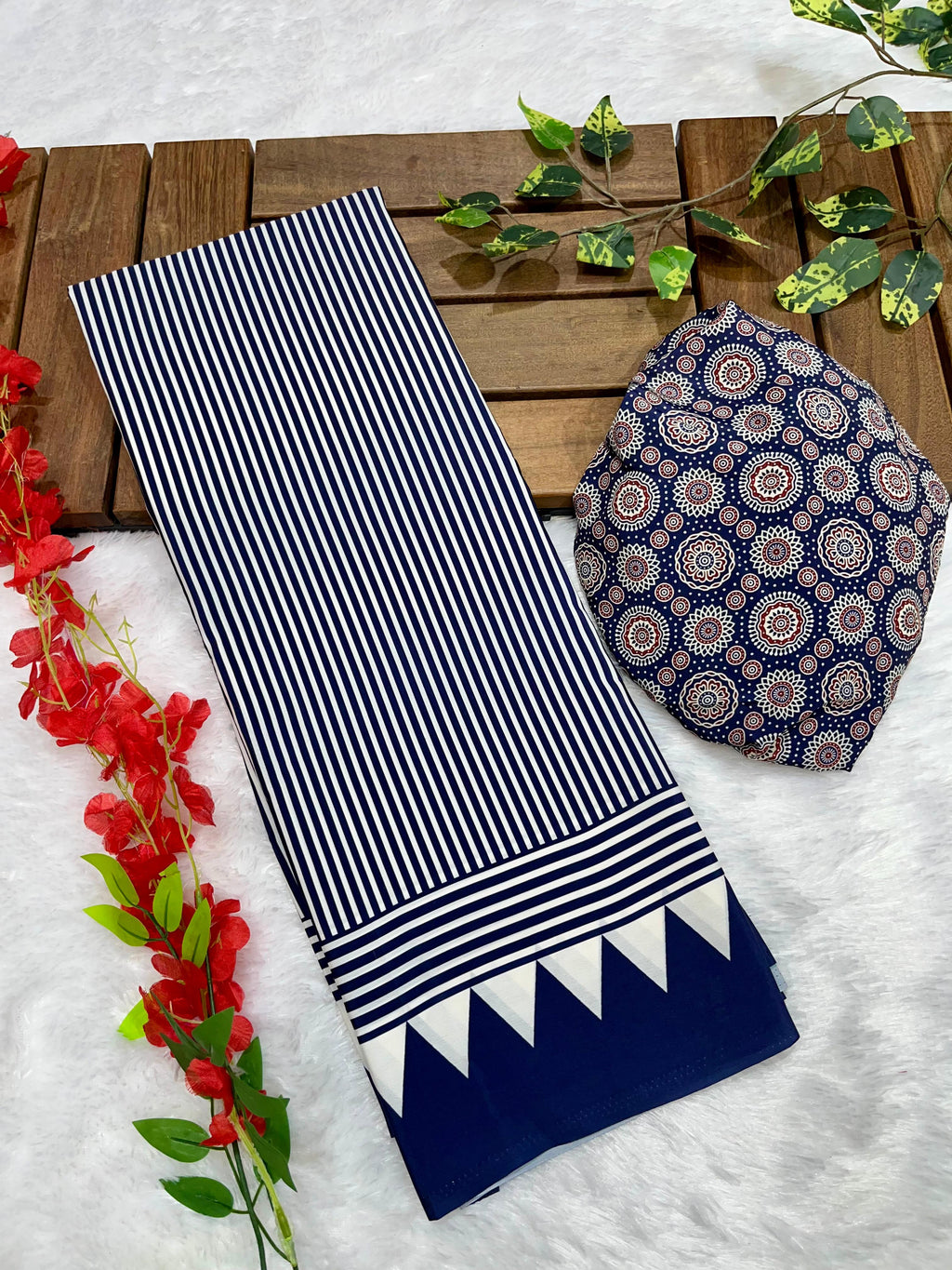 Navy Blue Crape Silk Saree with Ajrakh Printed Body & Heavy Ajrakh Blouse