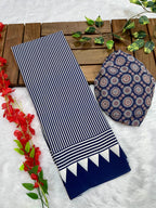 Navy Blue Crape Silk Saree with Ajrakh Printed Body & Heavy Ajrakh Blouse