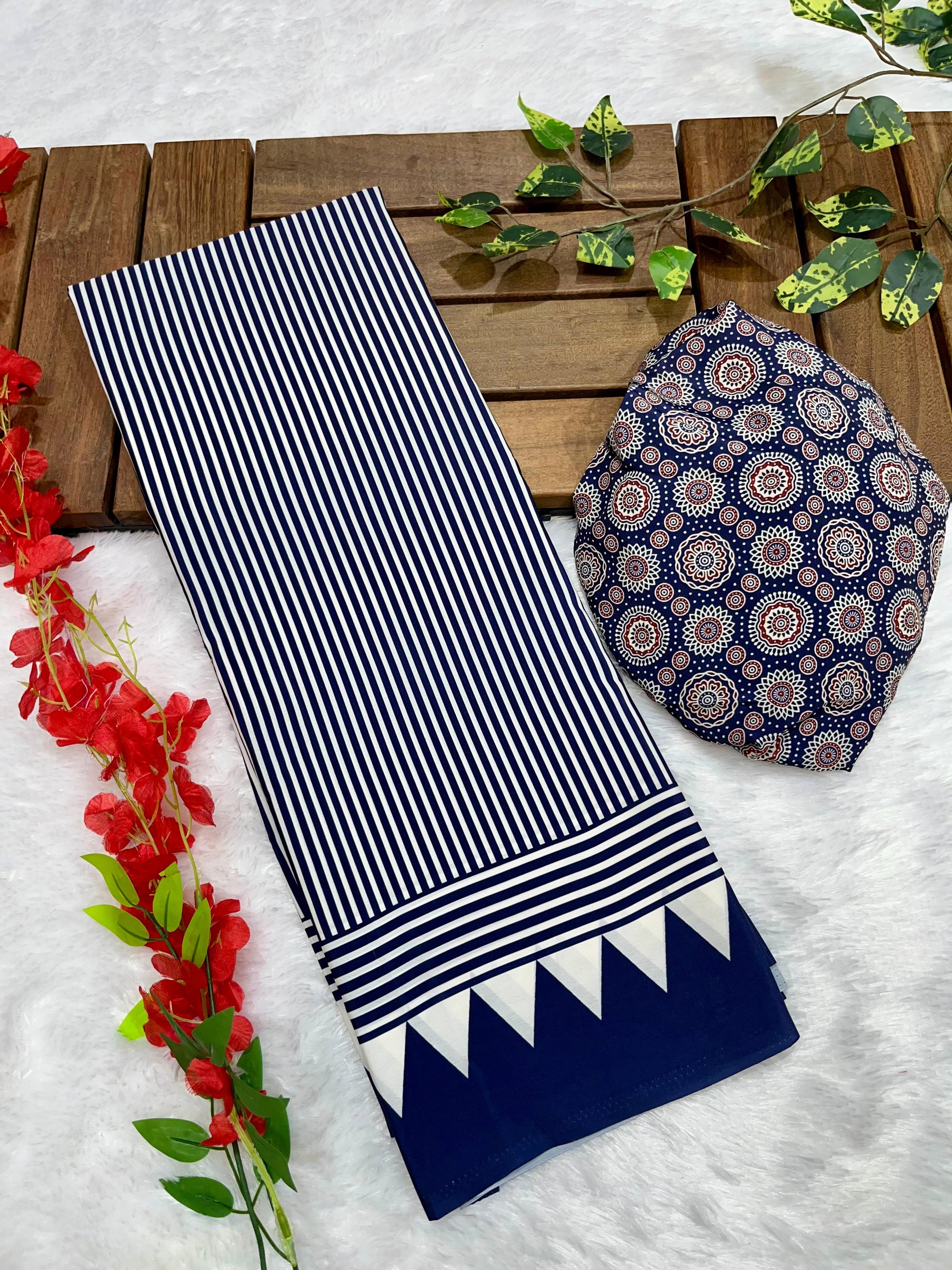 Navy Blue Crape Silk Saree with Ajrakh Printed Body & Heavy Ajrakh Blouse