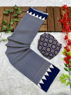 Navy Blue Crape Silk Saree with Ajrakh Printed Body & Heavy Ajrakh Blouse
