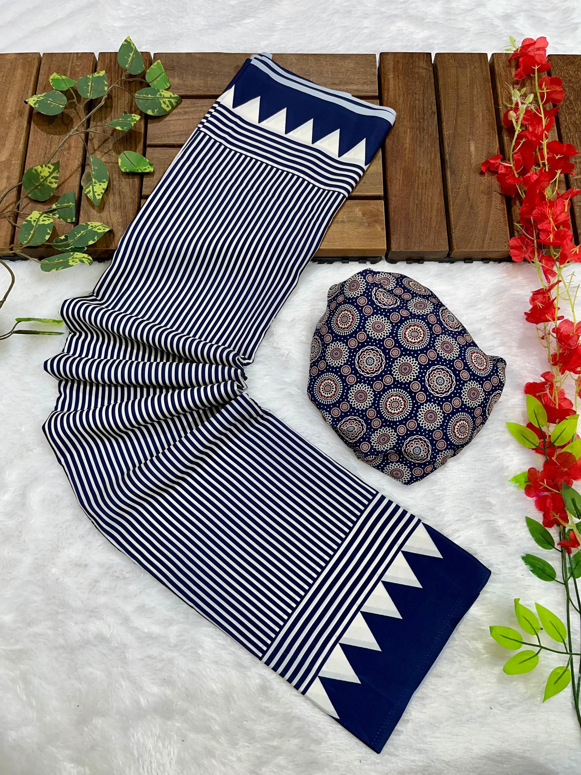 Navy Blue Crape Silk Saree with Ajrakh Printed Body & Heavy Ajrakh Blouse