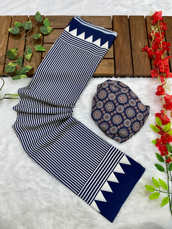 Navy Blue Crape Silk Saree with Ajrakh Printed Body & Heavy Ajrakh Blouse