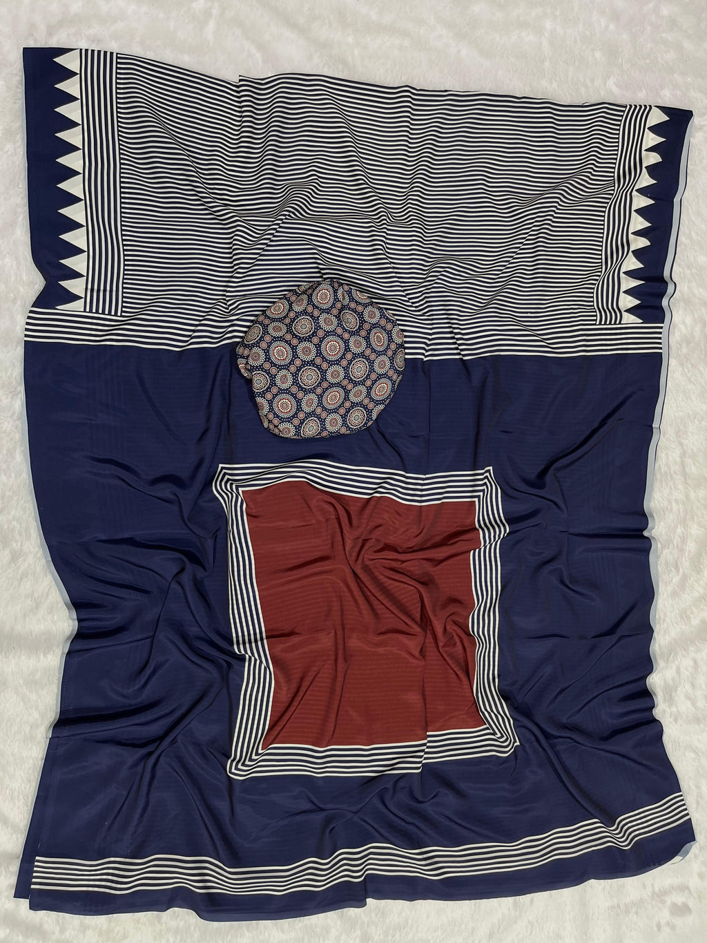 Navy Blue Crape Silk Saree with Ajrakh Printed Body & Heavy Ajrakh Blouse