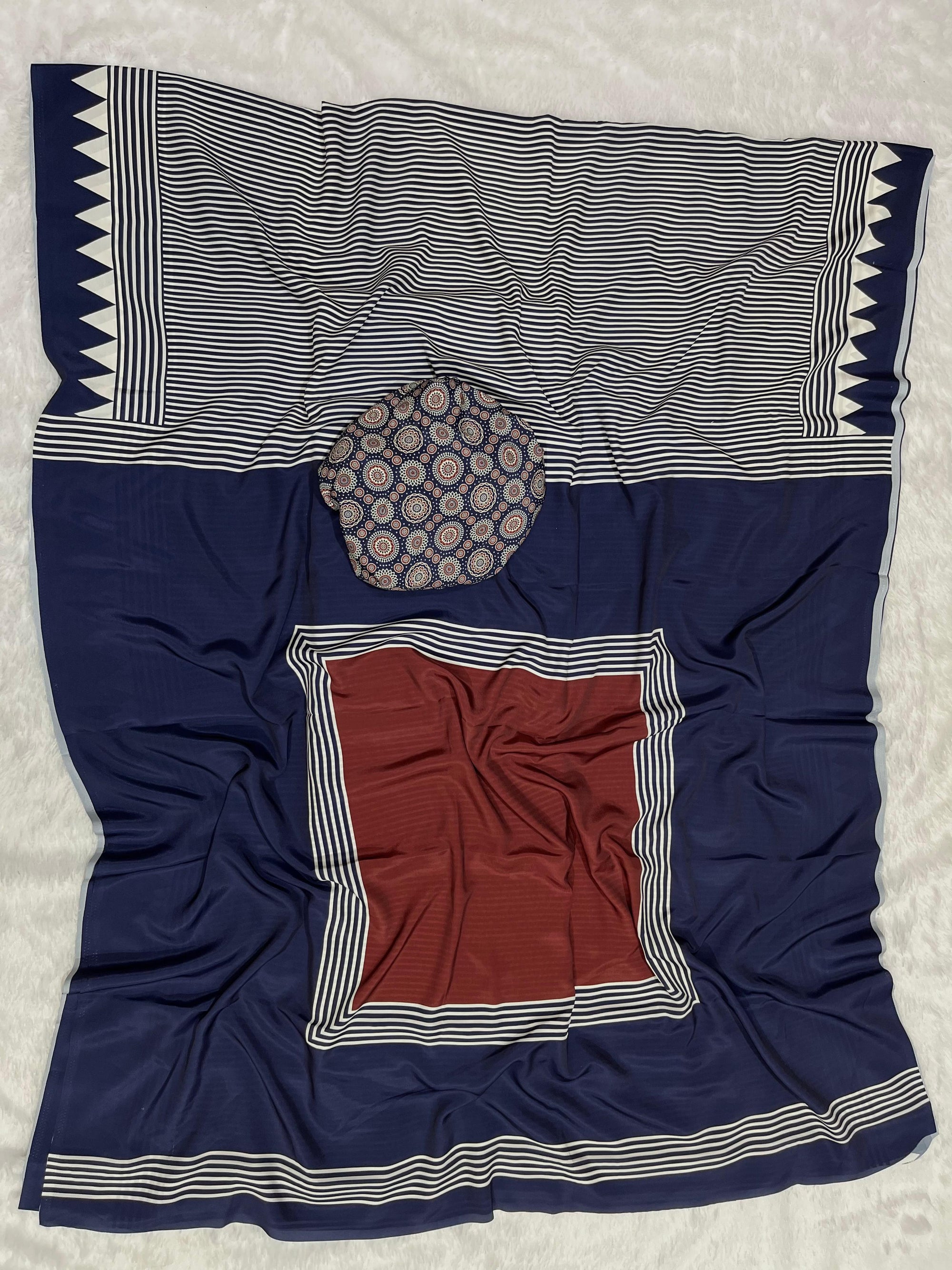Navy Blue Crape Silk Saree with Ajrakh Printed Body & Heavy Ajrakh Blouse