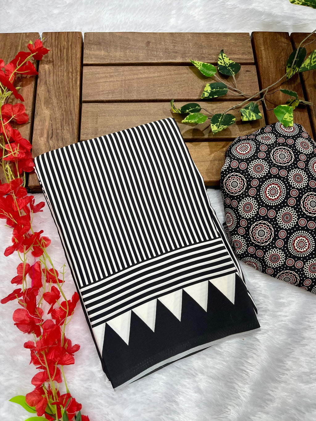 Black Crape Silk Saree with Ajrakh Printed Body & Heavy Ajrakh Blouse