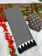 Black Crape Silk Saree with Ajrakh Printed Body & Heavy Ajrakh Blouse