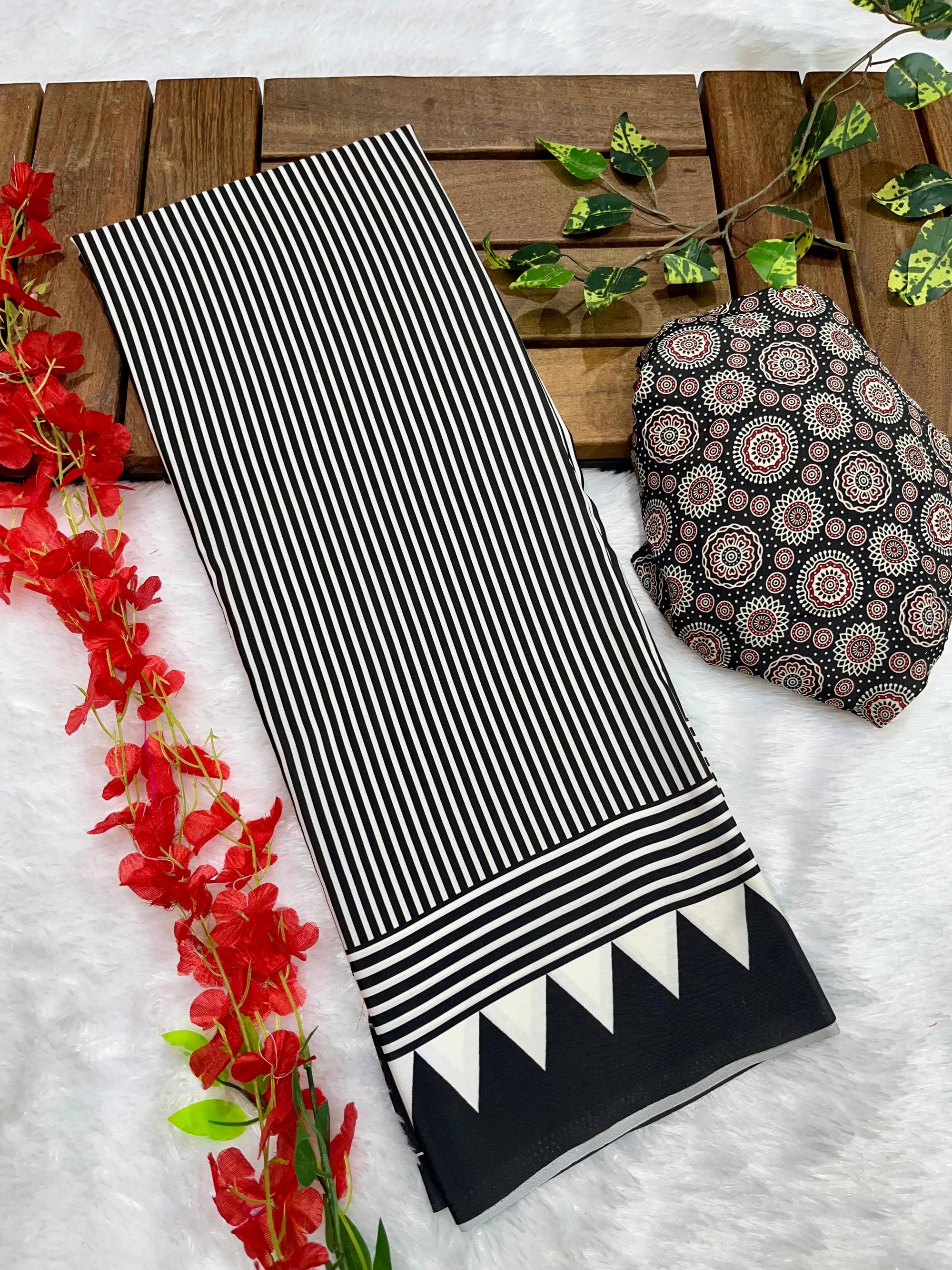 Black Crape Silk Saree with Ajrakh Printed Body & Heavy Ajrakh Blouse