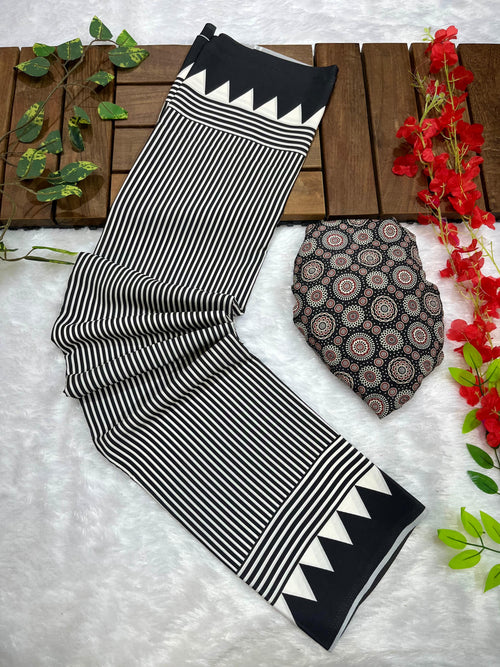Black Crape Silk Saree with Ajrakh Printed Body & Heavy Ajrakh Blouse