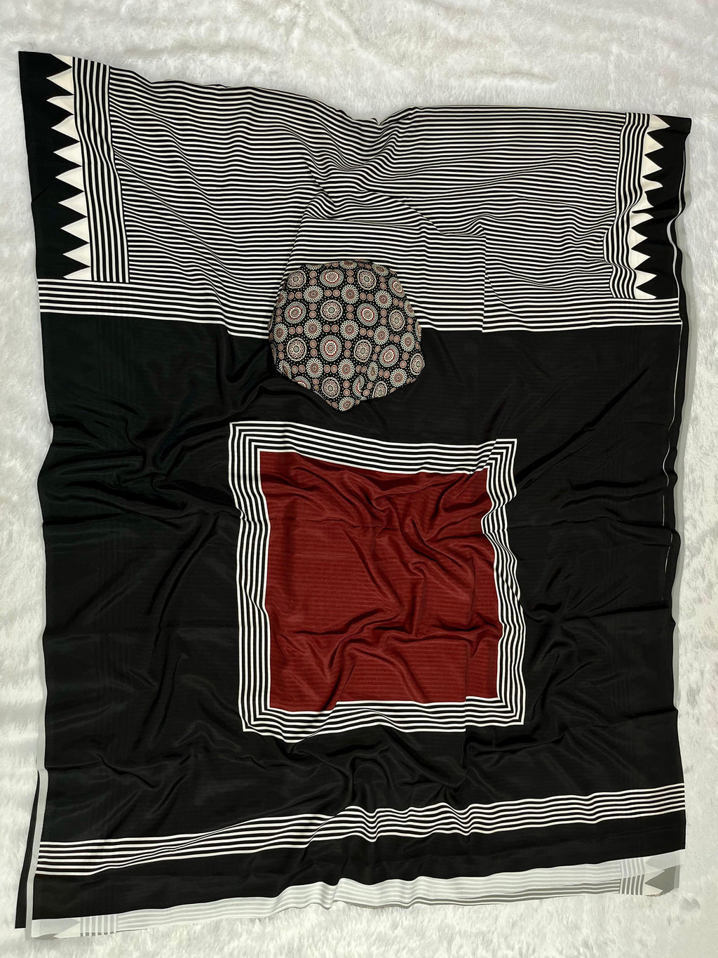 Black Crape Silk Saree with Ajrakh Printed Body & Heavy Ajrakh Blouse