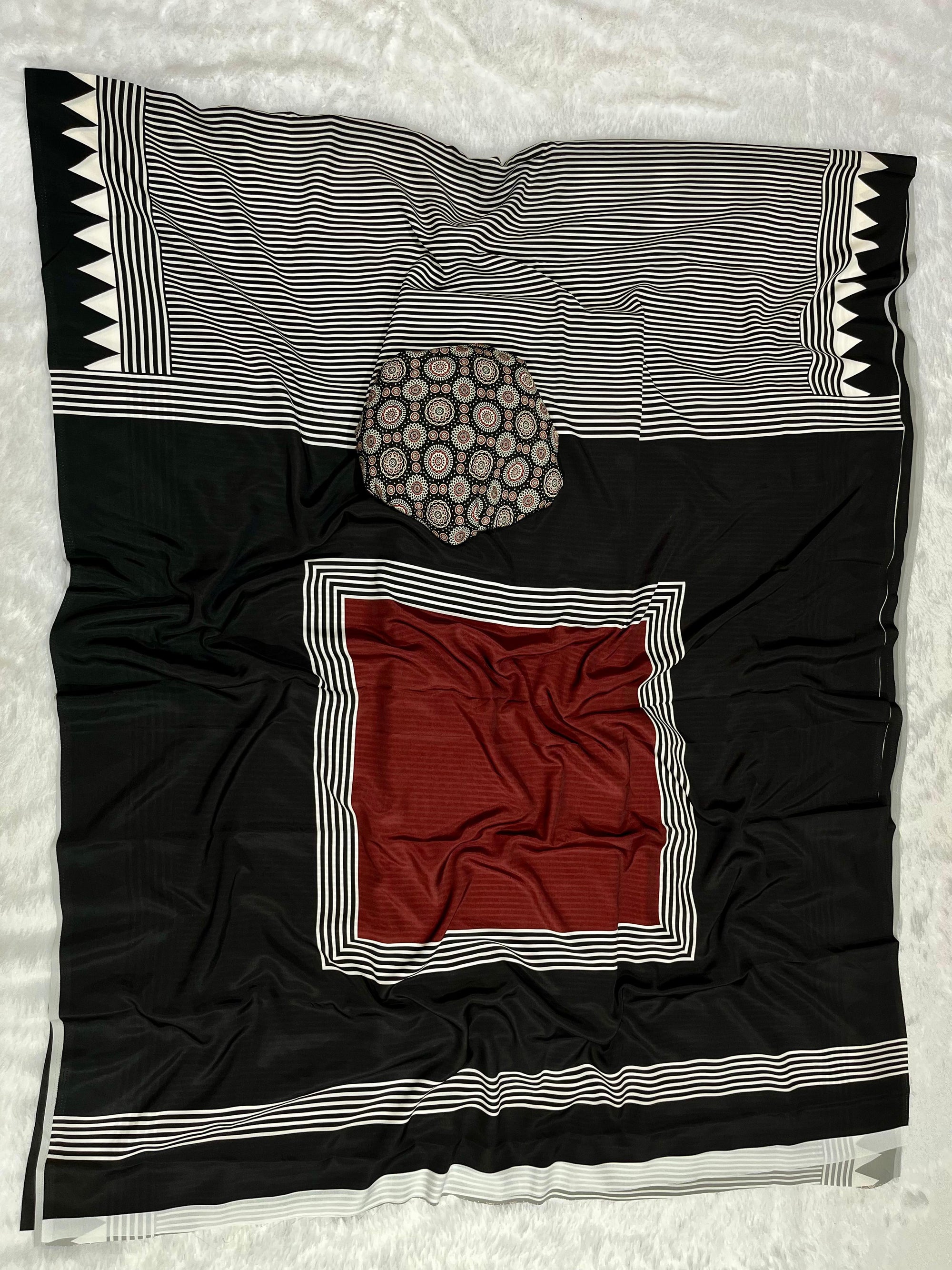 Black Crape Silk Saree with Ajrakh Printed Body & Heavy Ajrakh Blouse