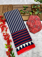 Navy Blue Crape Silk Saree with Ajrakh Printed Body & Heavy Ajrakh Blouse