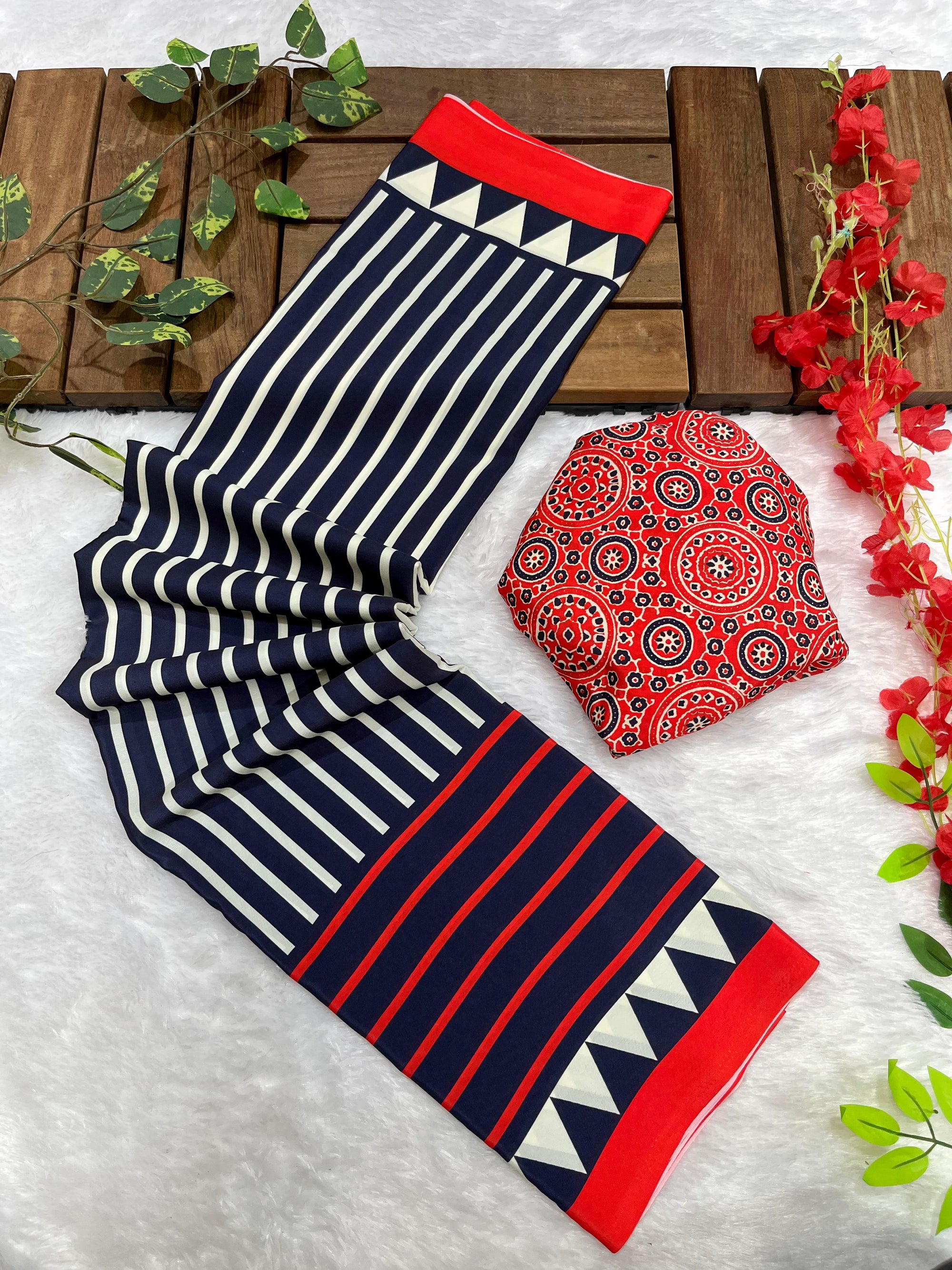 Navy Blue Crape Silk Saree with Ajrakh Printed Body & Heavy Ajrakh Blouse