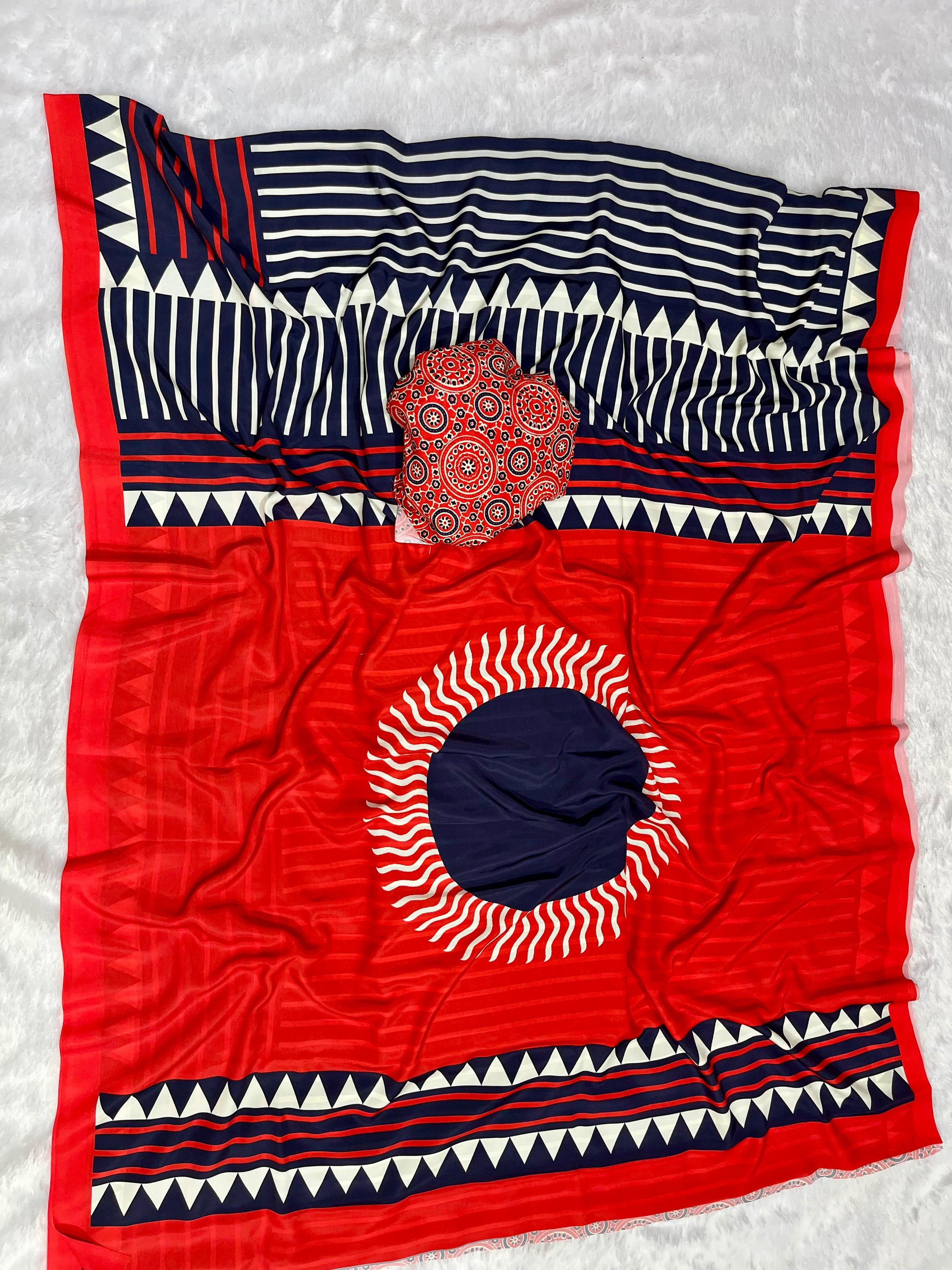 Navy Blue Crape Silk Saree with Ajrakh Printed Body & Heavy Ajrakh Blouse