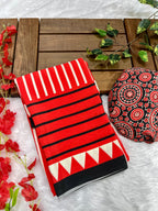Red Crape Silk Saree with Ajrakh Printed Body & Heavy Ajrakh Blouse