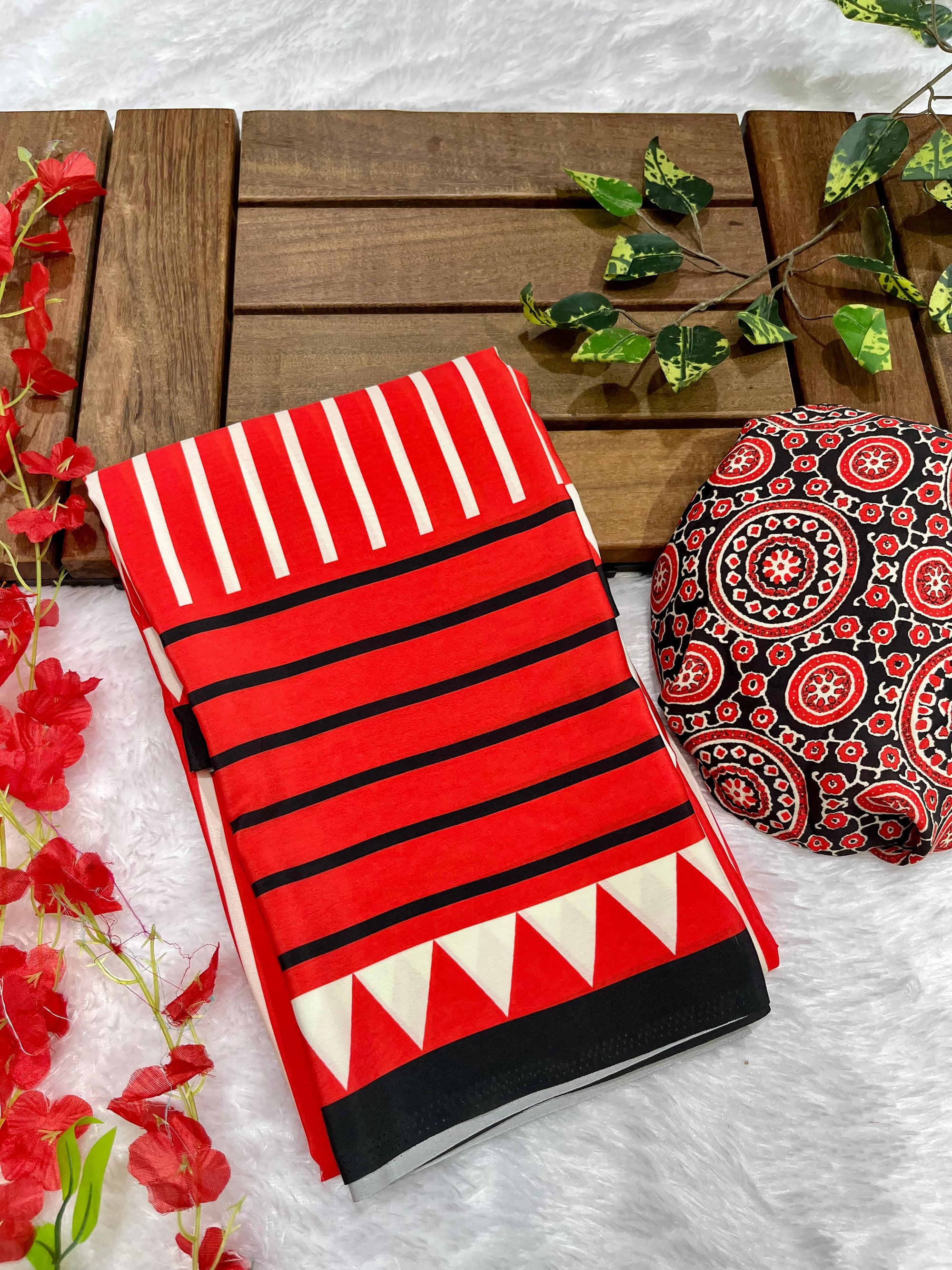 Red Crape Silk Saree with Ajrakh Printed Body & Heavy Ajrakh Blouse